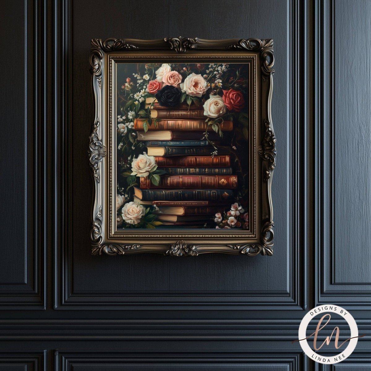 Books and flowers artwork hanging on a dark wall