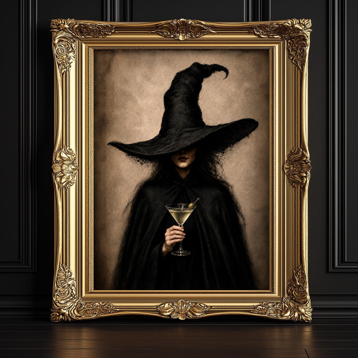 Dark academia art print of a figure in a black witch hat raising a martini, shown framed