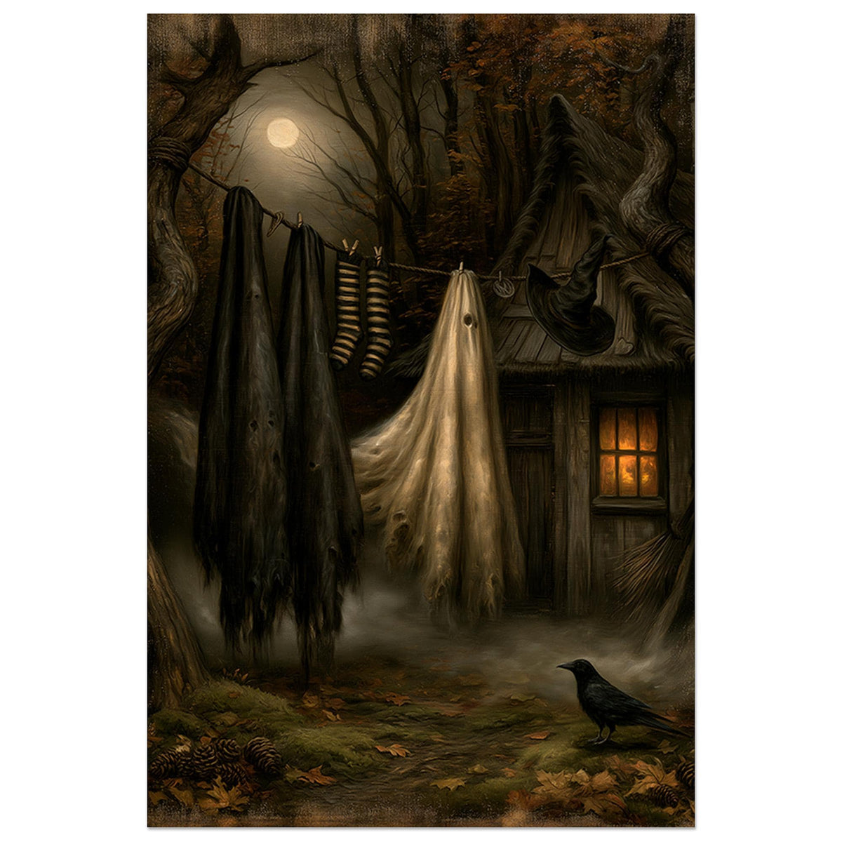 Witch's laundry drying outside a moonlit cottage with a black cat in the yard