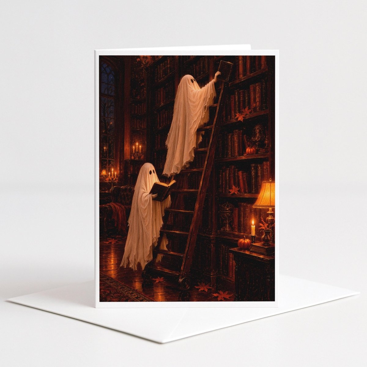 Two friendly ghosts in a candlelit haunted library with tall bookshelves, Halloween note card art