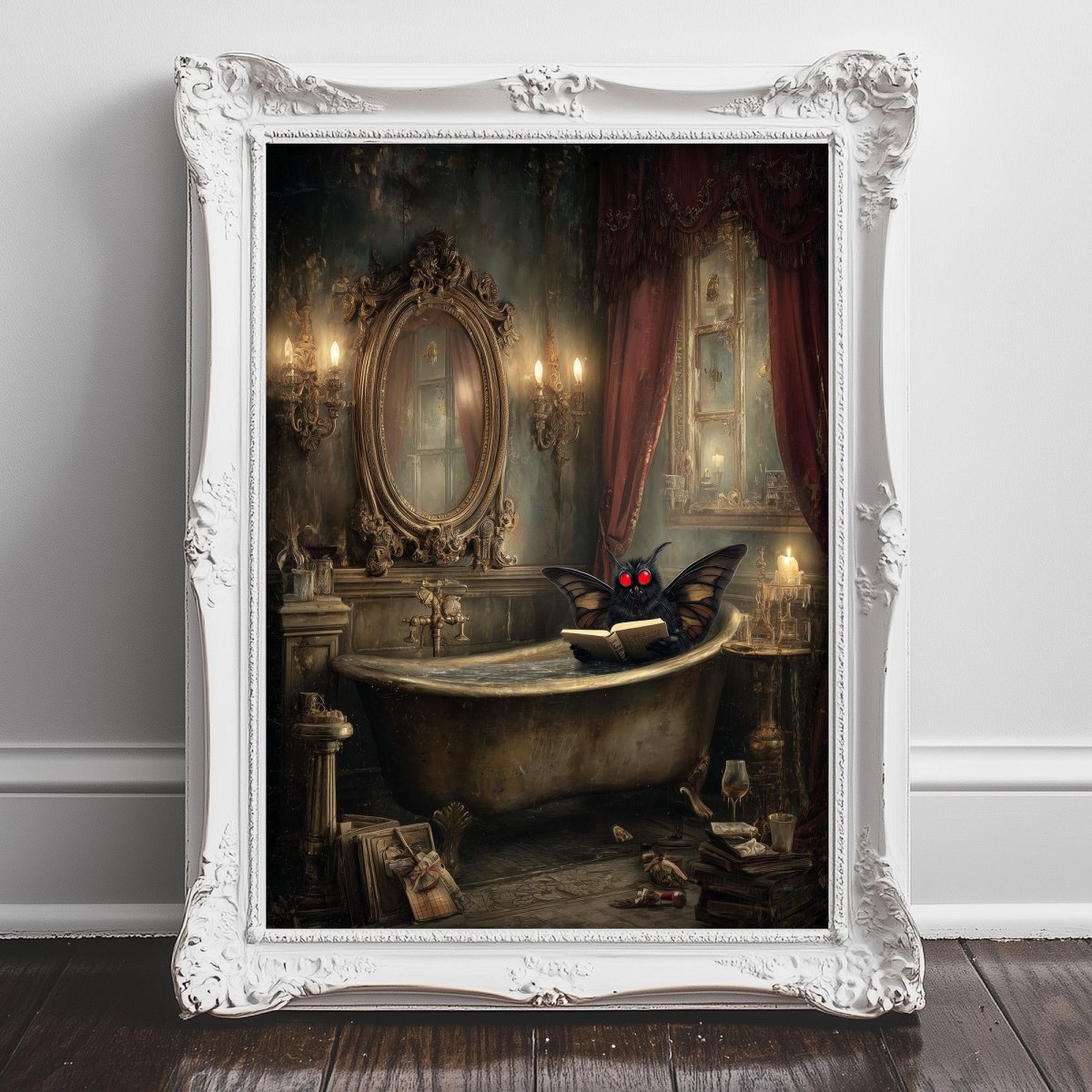 A bat is sitting in a bathtub in a Victorian-style bathroom, surrounded by ornate decorations and a mirror.