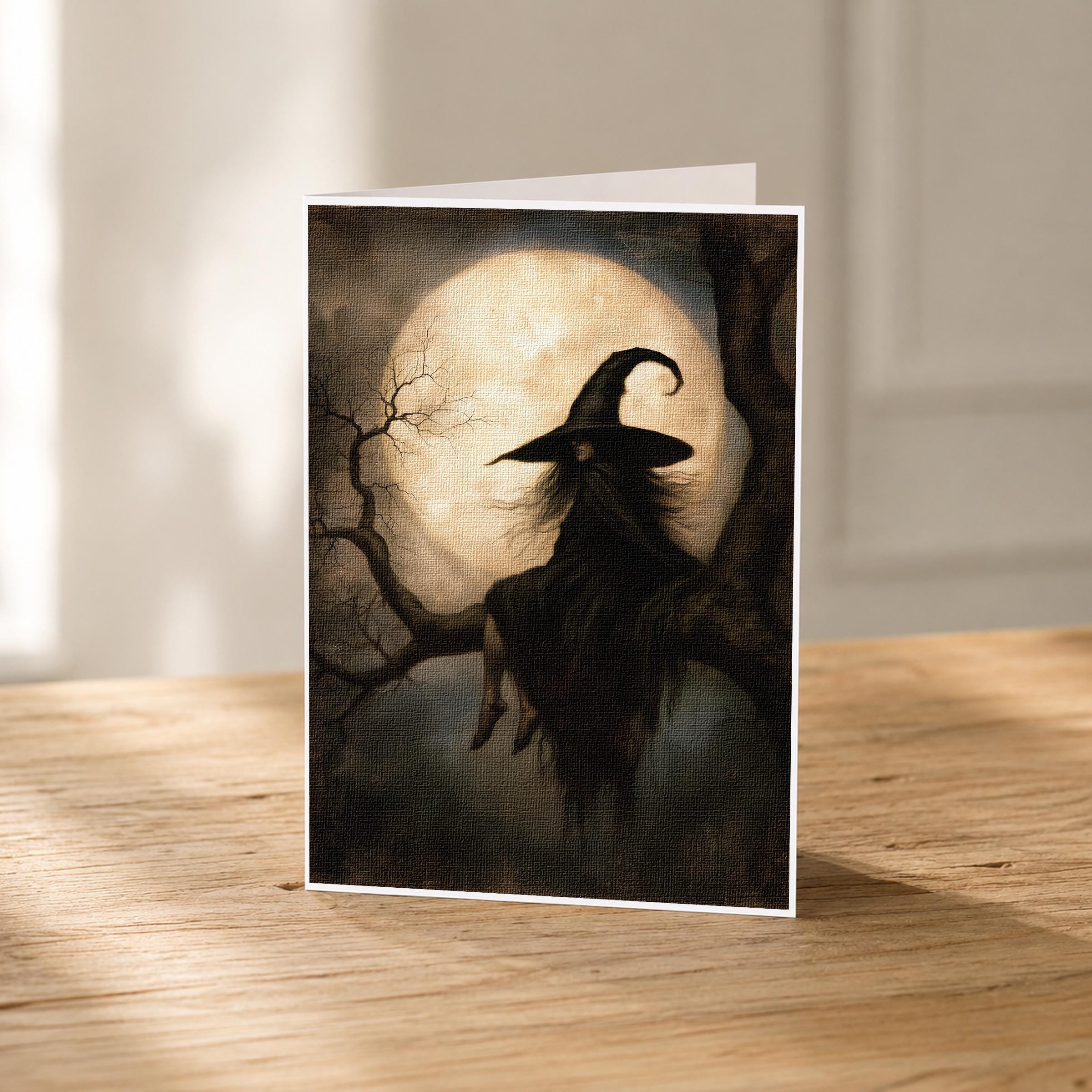 a witch sitting on a tree branch under a full moon.