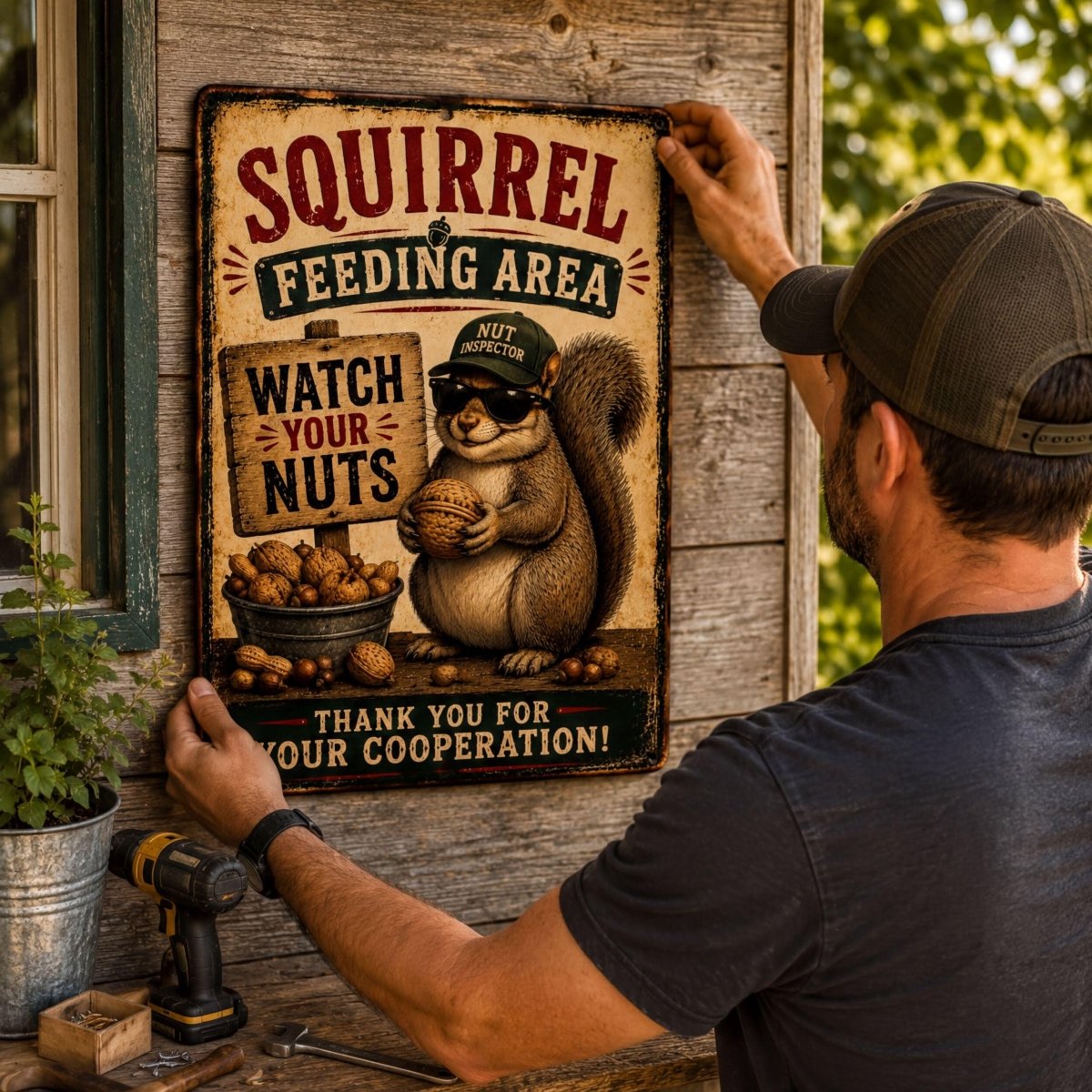 A man is hanging a metal sign on a wooden wall, which features an illustration of a squirrel holding a basket of nuts and a sign that says "Squirrel Feeding Area".