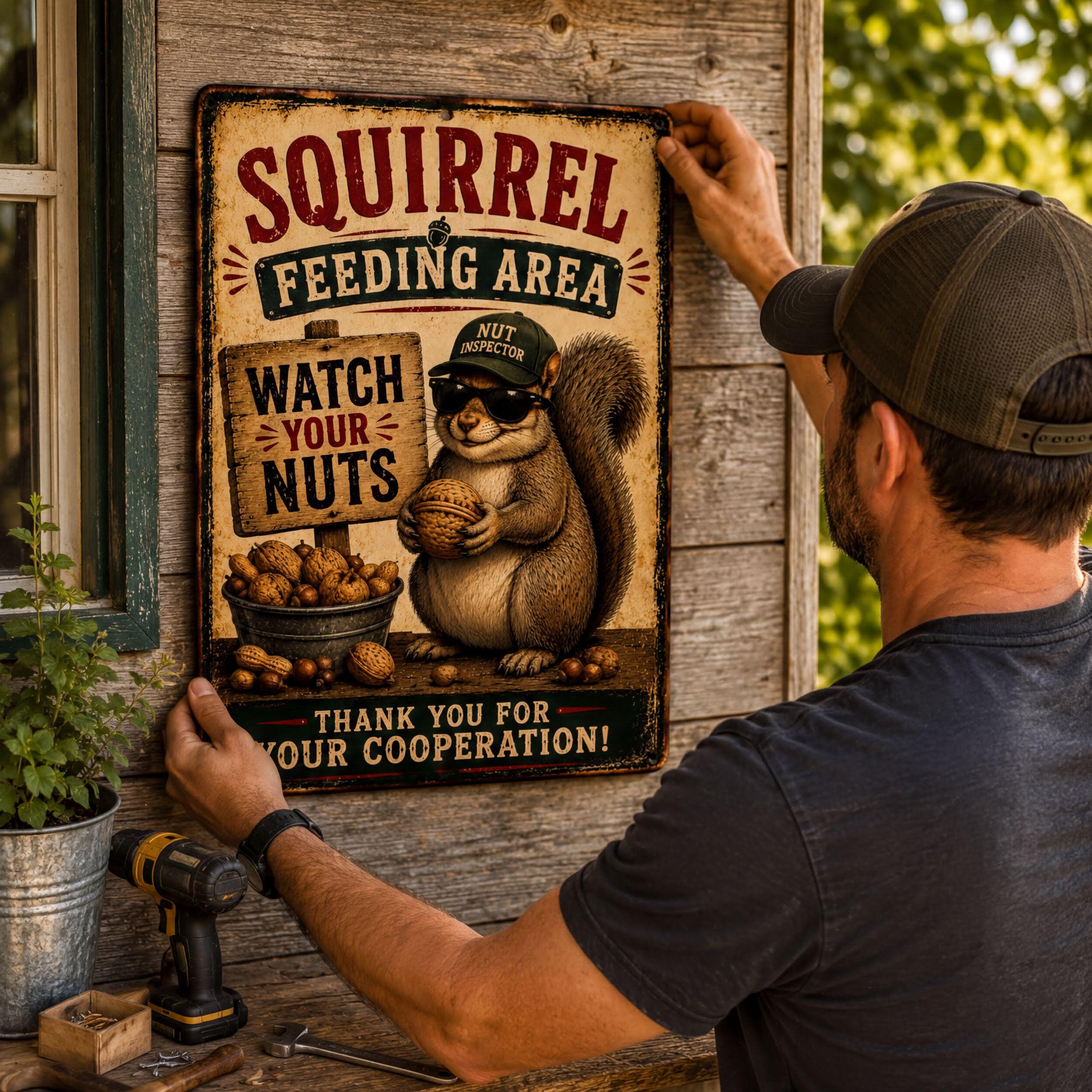 A man is hanging a metal sign on a wooden wall, which features an illustration of a squirrel holding a basket of nuts and a sign that says "Squirrel Feeding Area".