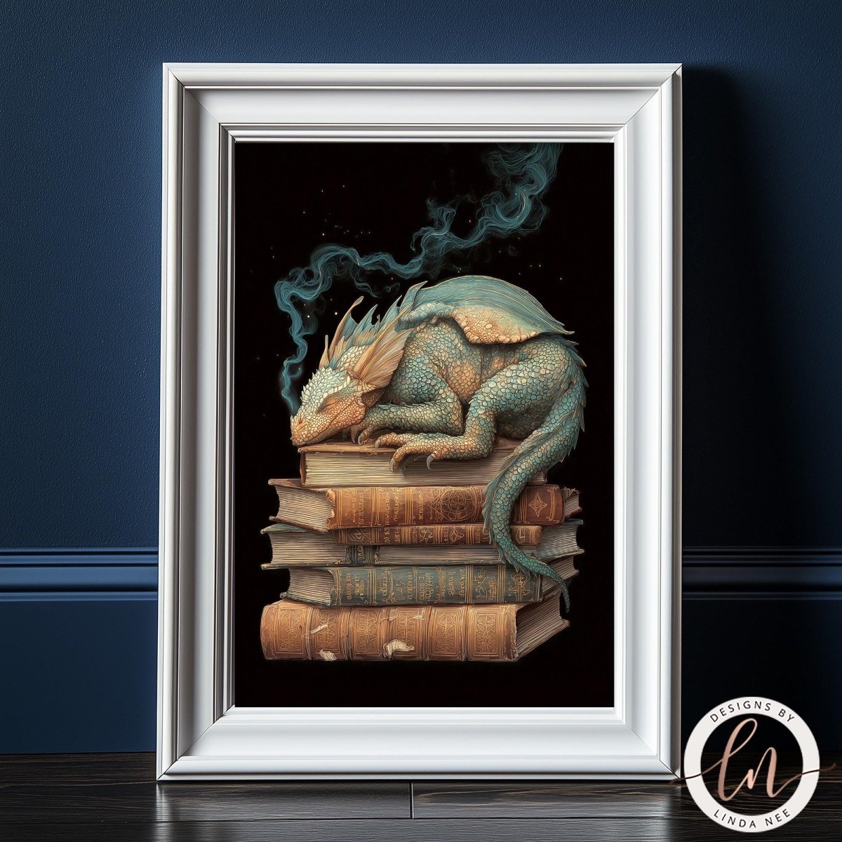 A framed illustration depicting a dragon resting on a stack of books, with smoke billowing from its mouth.