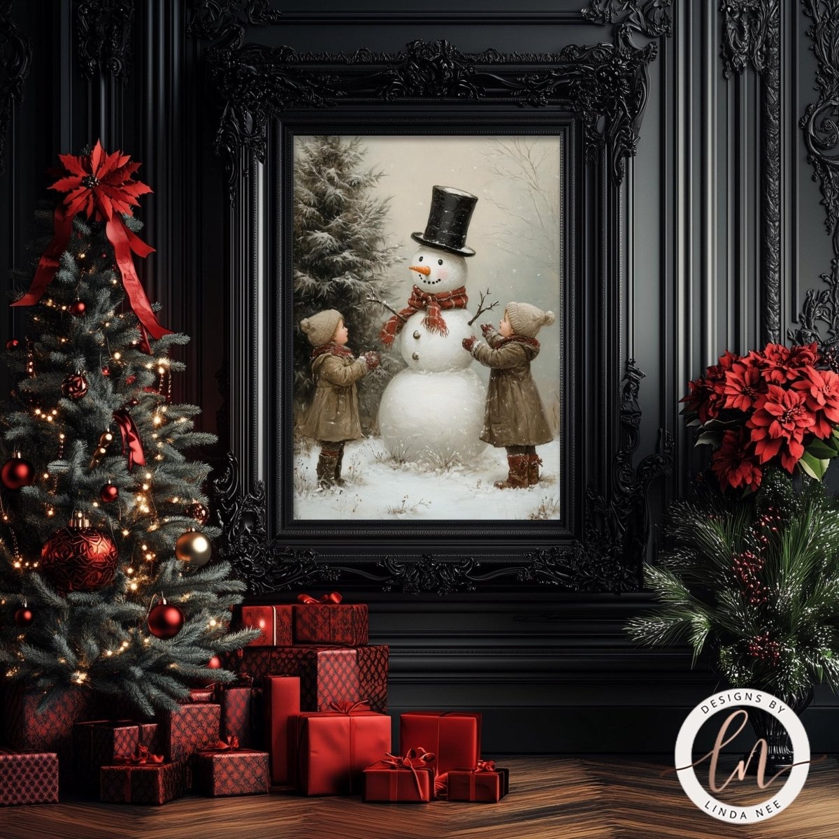 Snowman and children print displayed with poinsettias and wrapped presents