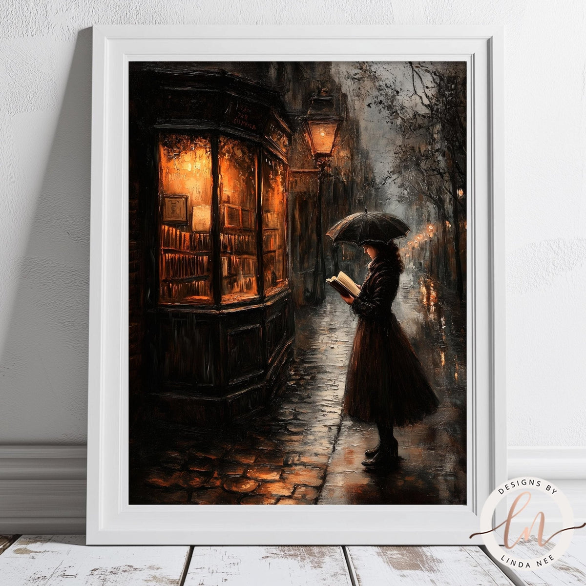 A woman in a long coat and hat stands on a rainy street, reading a book under an umbrella, with a bookshop and warmly lit windows in the background.