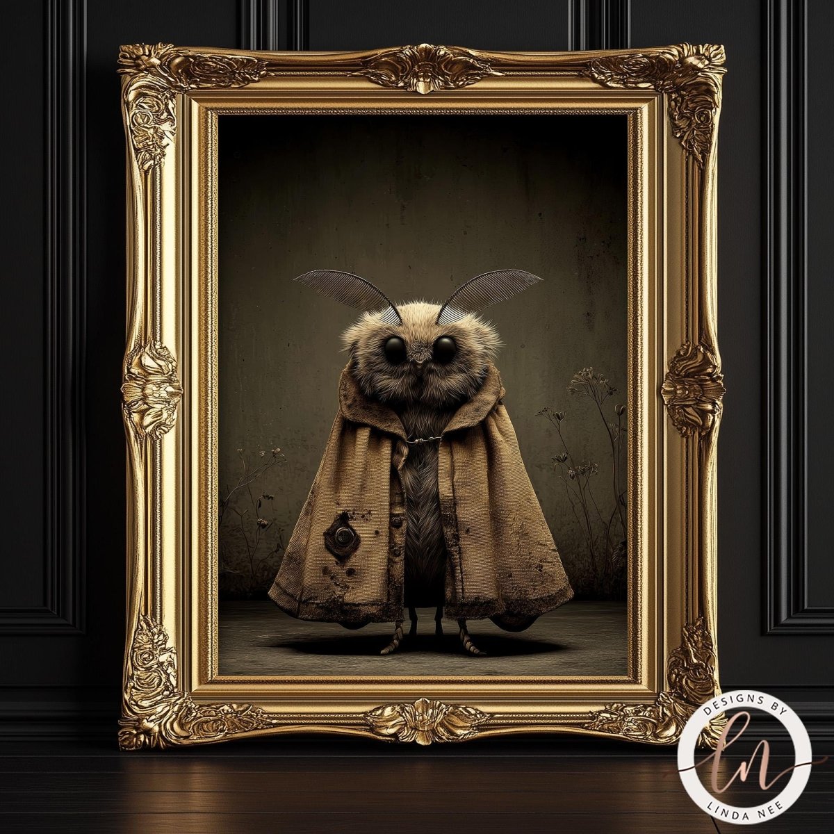 A central portrait of a whimsical moth character with large, glossy black eyes and wide, feathered antennae. The moth wears a heavy, tattered brown traveler's cloak with a single large button on the left side. The background is a dark, moody sepia with subtle textures and skeletal plant stems.