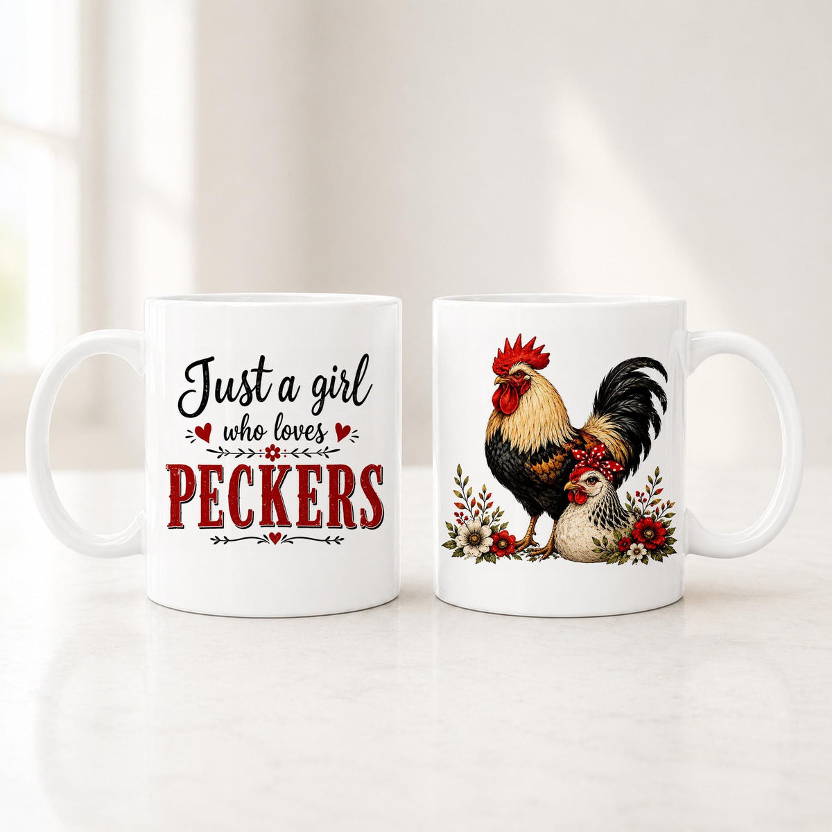 11 oz white rooster mug shown front and back, black script and red lettering beside a painted rooster and hen