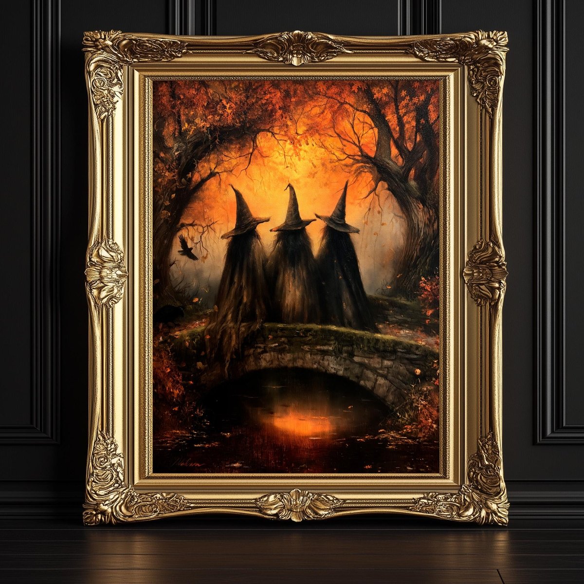 Autumn witches on a stone bridge art print with blazing orange fall trees