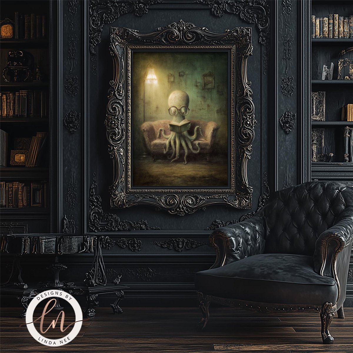 an octopus sitting on a couch, reading a book, in a dark and ornate room with a large painting of an octopus on the wall.