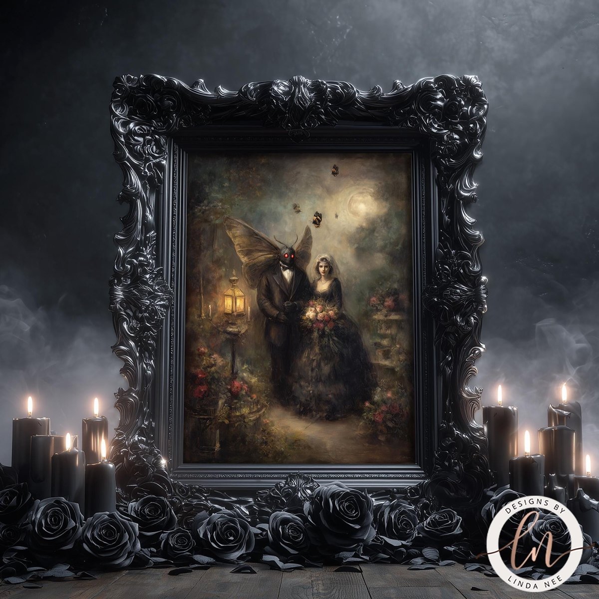 a painting of a couple in a romantic embrace, surrounded by a dark, gothic atmosphere. The painting is framed in an ornate black frame and is set against a backdrop of fog and smoke, creating an eerie and mysterious ambiance. The couple is depicted as a man and a woman, with the man appearing to be a bat and the woman a fairy. The painting is surrounded by candles and roses, further enhancing the gothic theme.