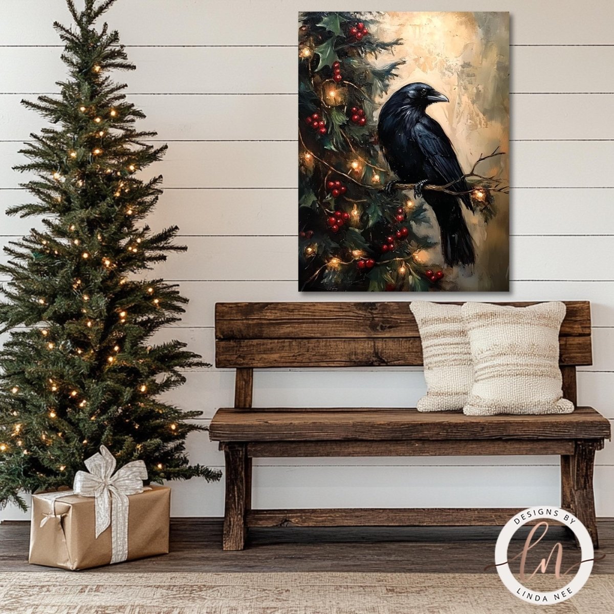 Raven with red berries print above a wooden bench beside a lit Christmas tree