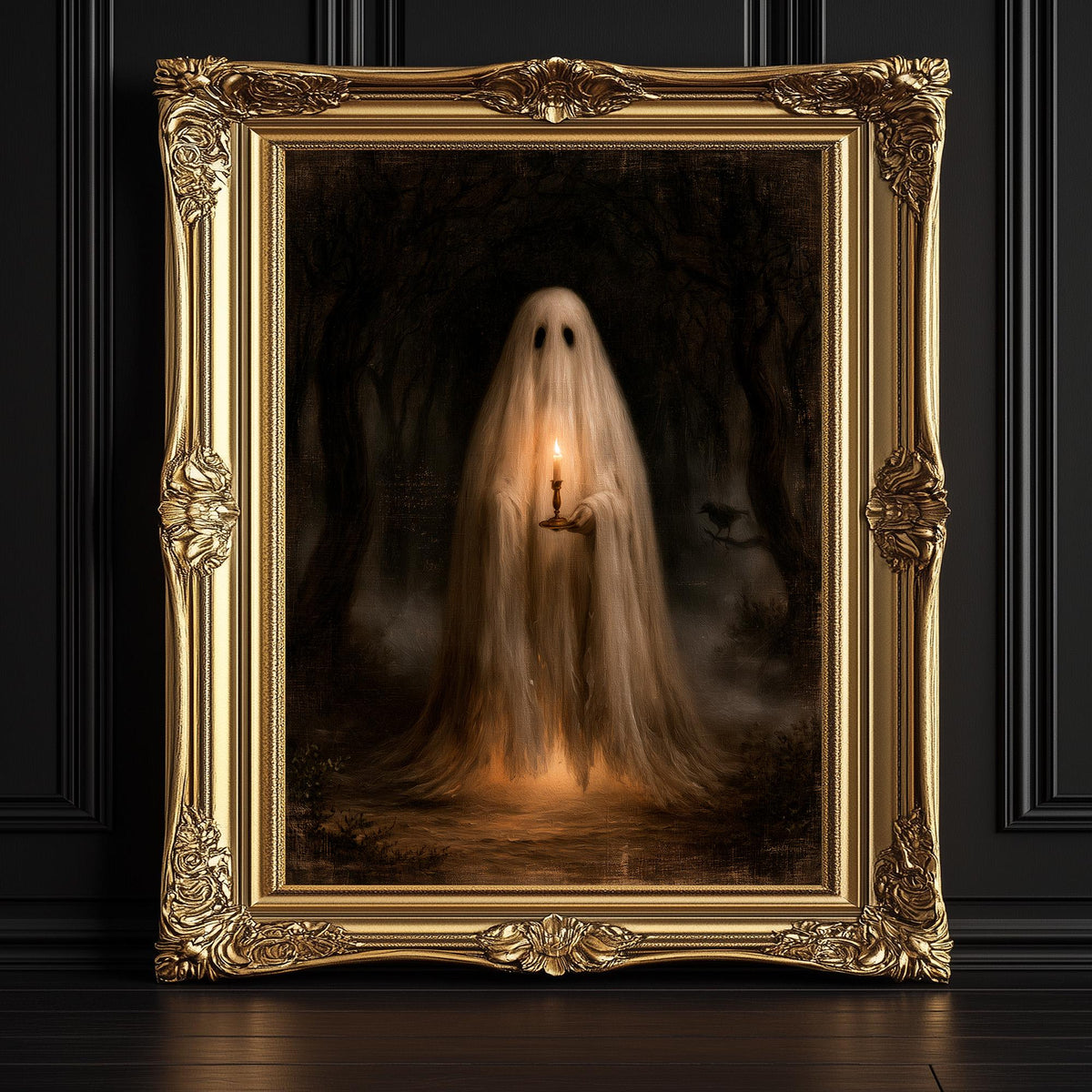 Ghost holding a candle in deep woodland, the flame lighting only its face