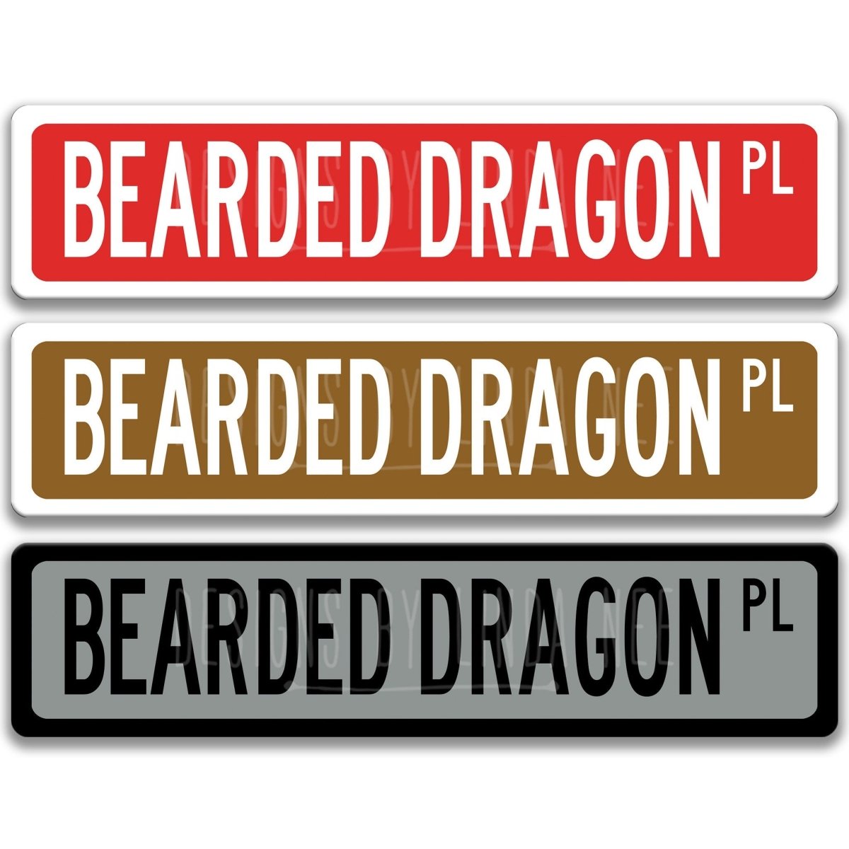 Bearded Dragon Place Metal Street Sign in red, brown, and gray, reading BEARDED DRAGON PL