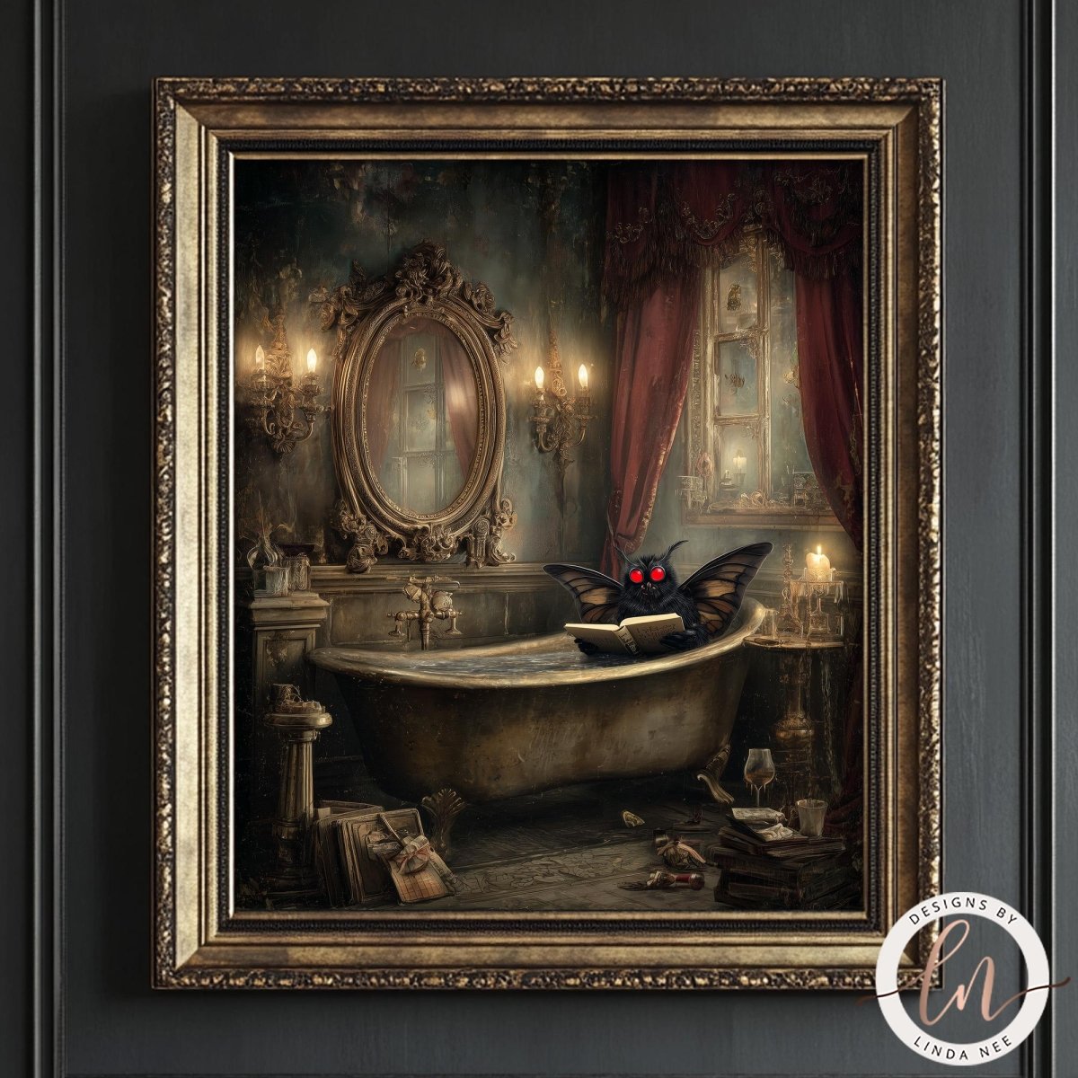 A bat is sitting in a bathtub in a dark, ornate bathroom with a mirror, chandeliers, and red curtains.