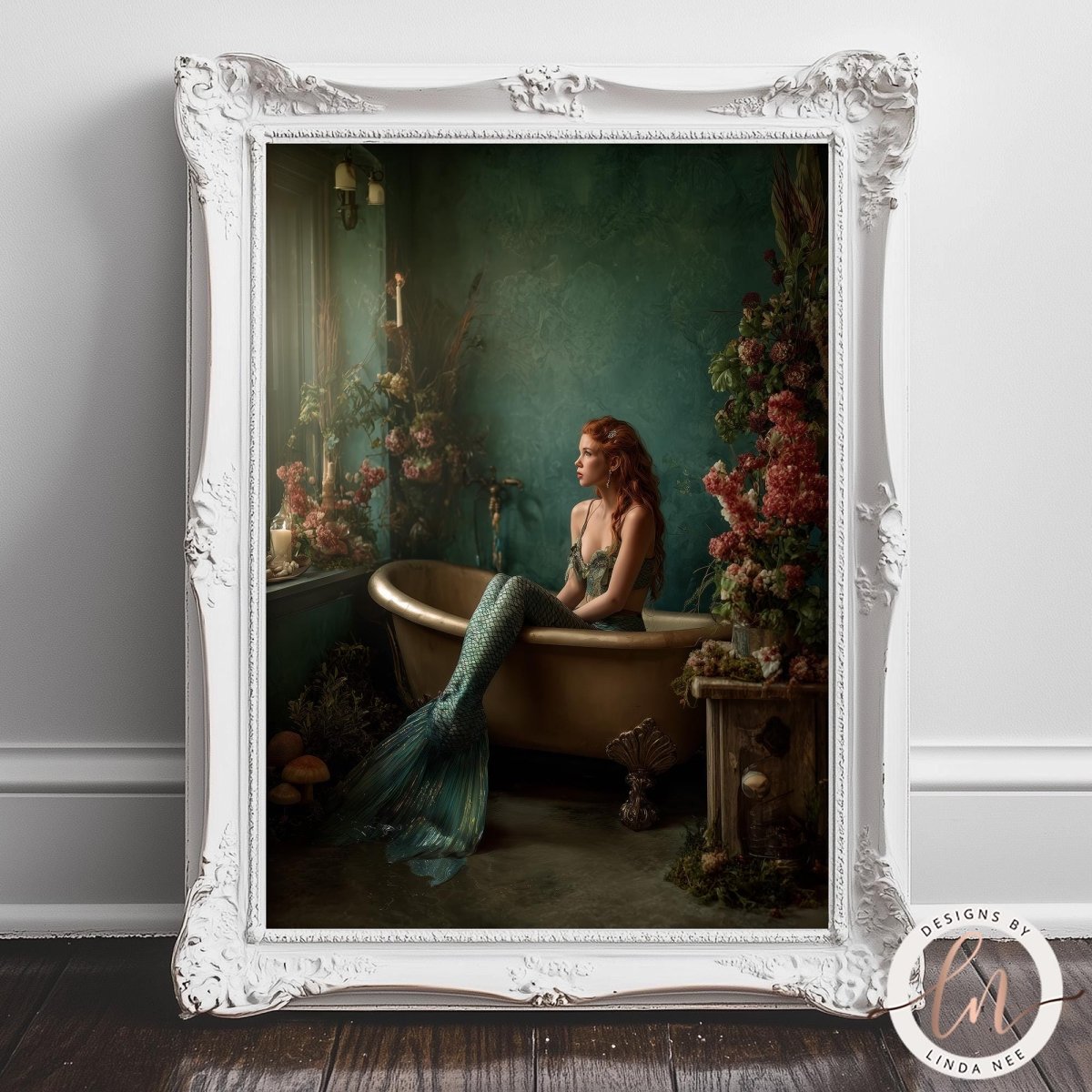 A mermaid sitting in a bathtub, surrounded by flowers and plants, in a whimsical and fantastical setting.