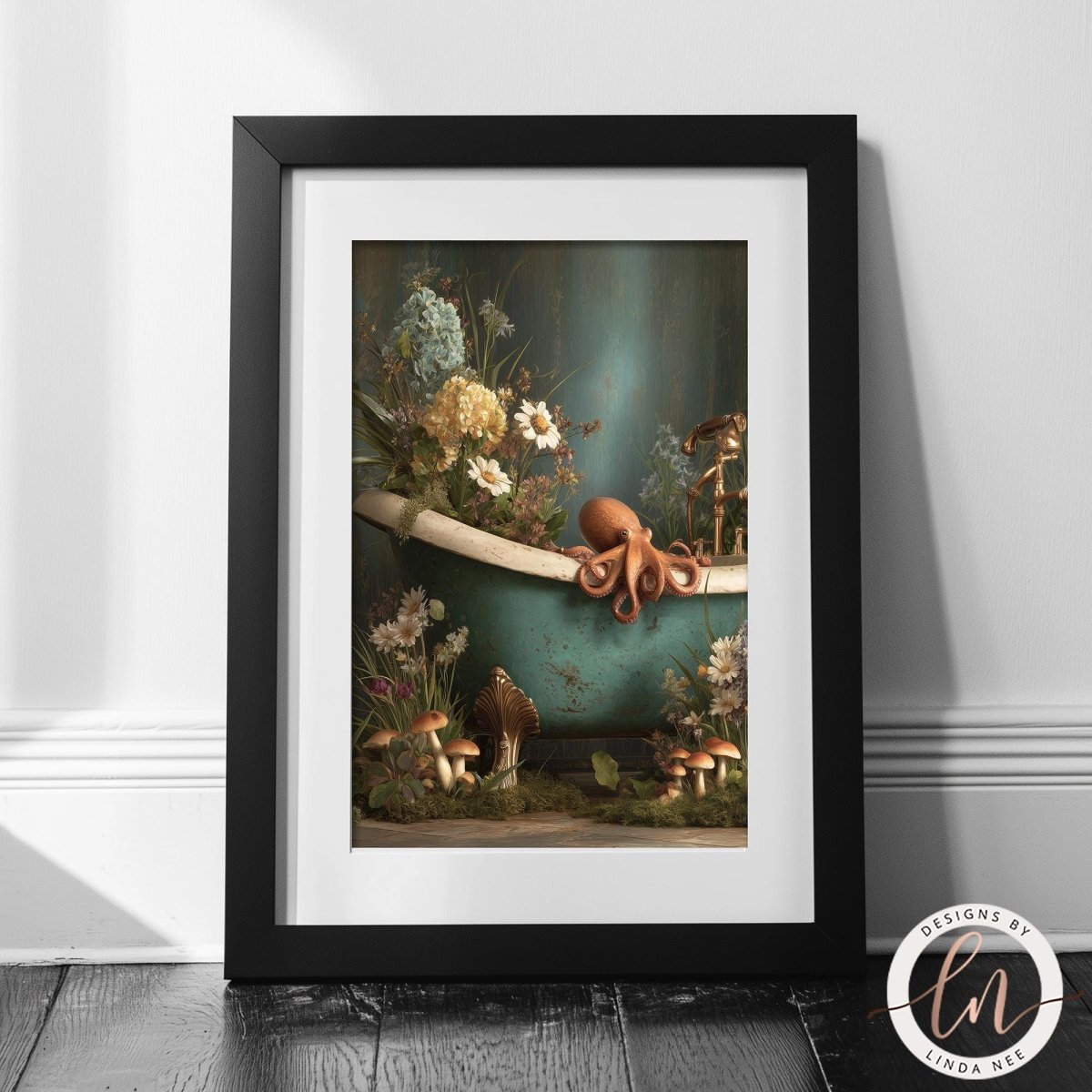 A framed image depicting an orange octopus sitting in a bathtub filled with flowers and mushrooms, surrounded by a lush green garden.