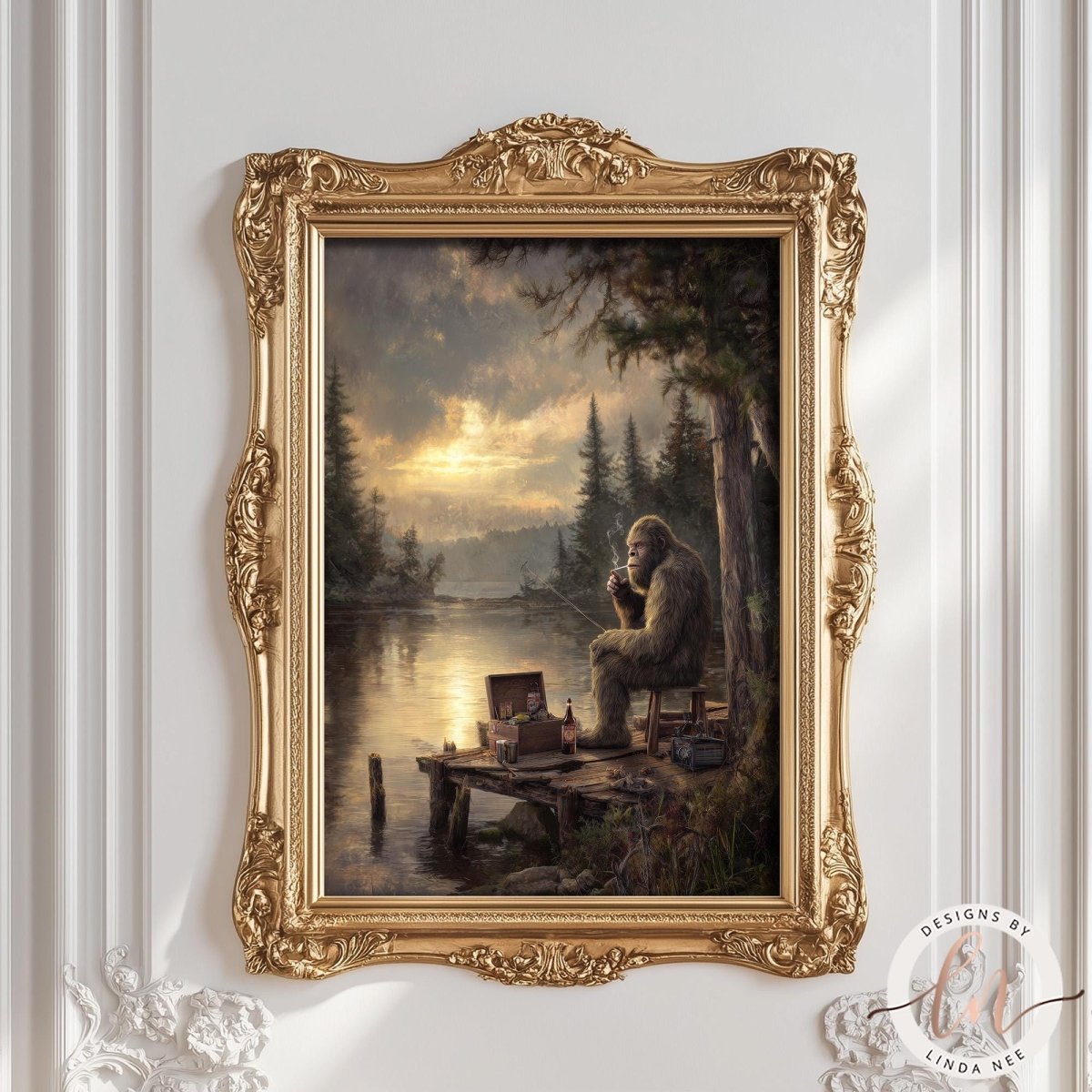 The image is a painting of a person sitting on a dock by a lake, with a forest in the background. The painting is framed in an ornate gold frame and is hung on a white wall.