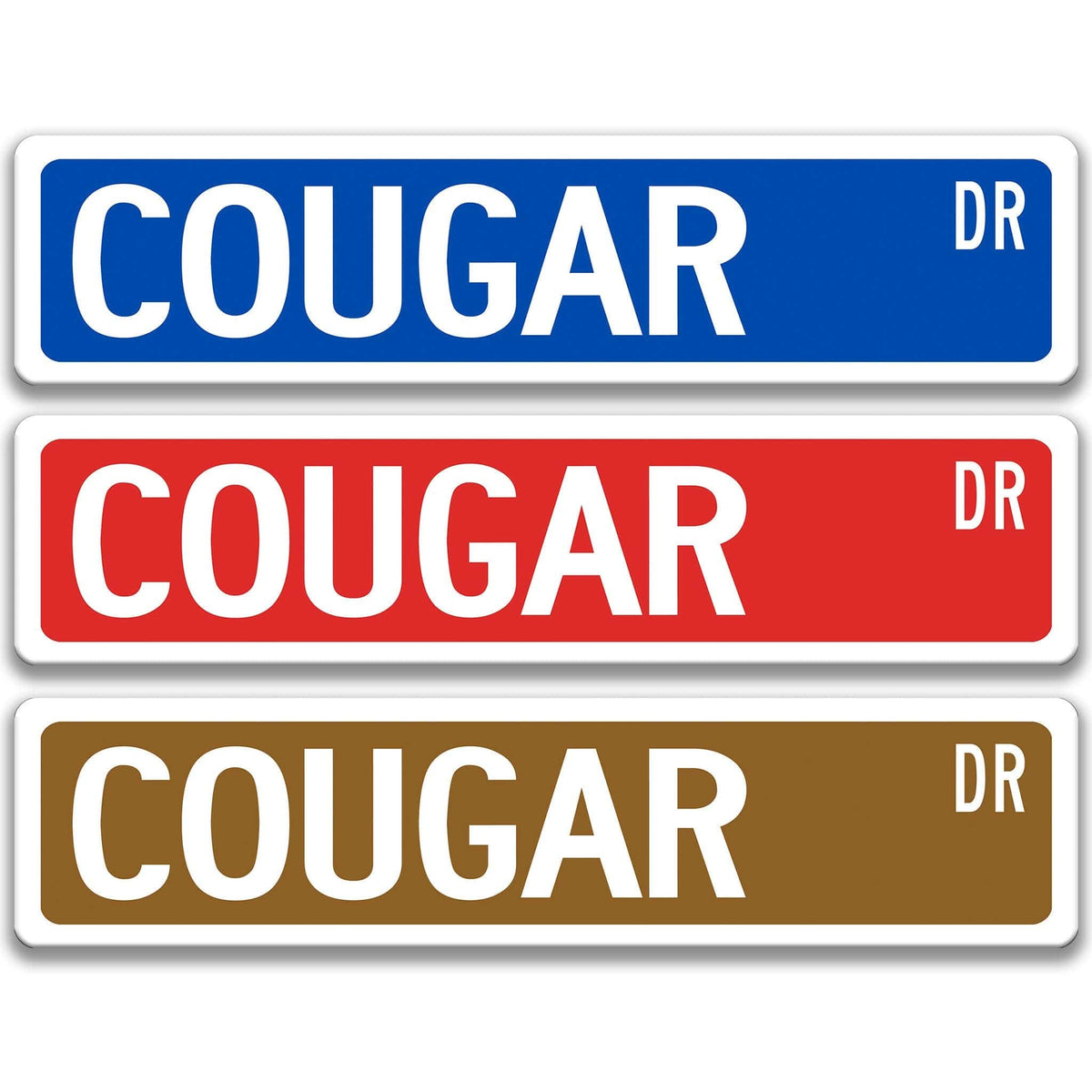 Cougar metal street sign shown in red, yellow, and blue background colors