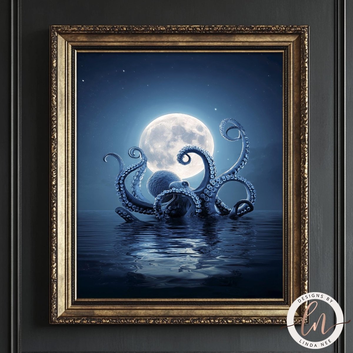 A framed image depicting a large, glowing moon surrounded by a group of tentacles floating in a dark, reflective body of water.