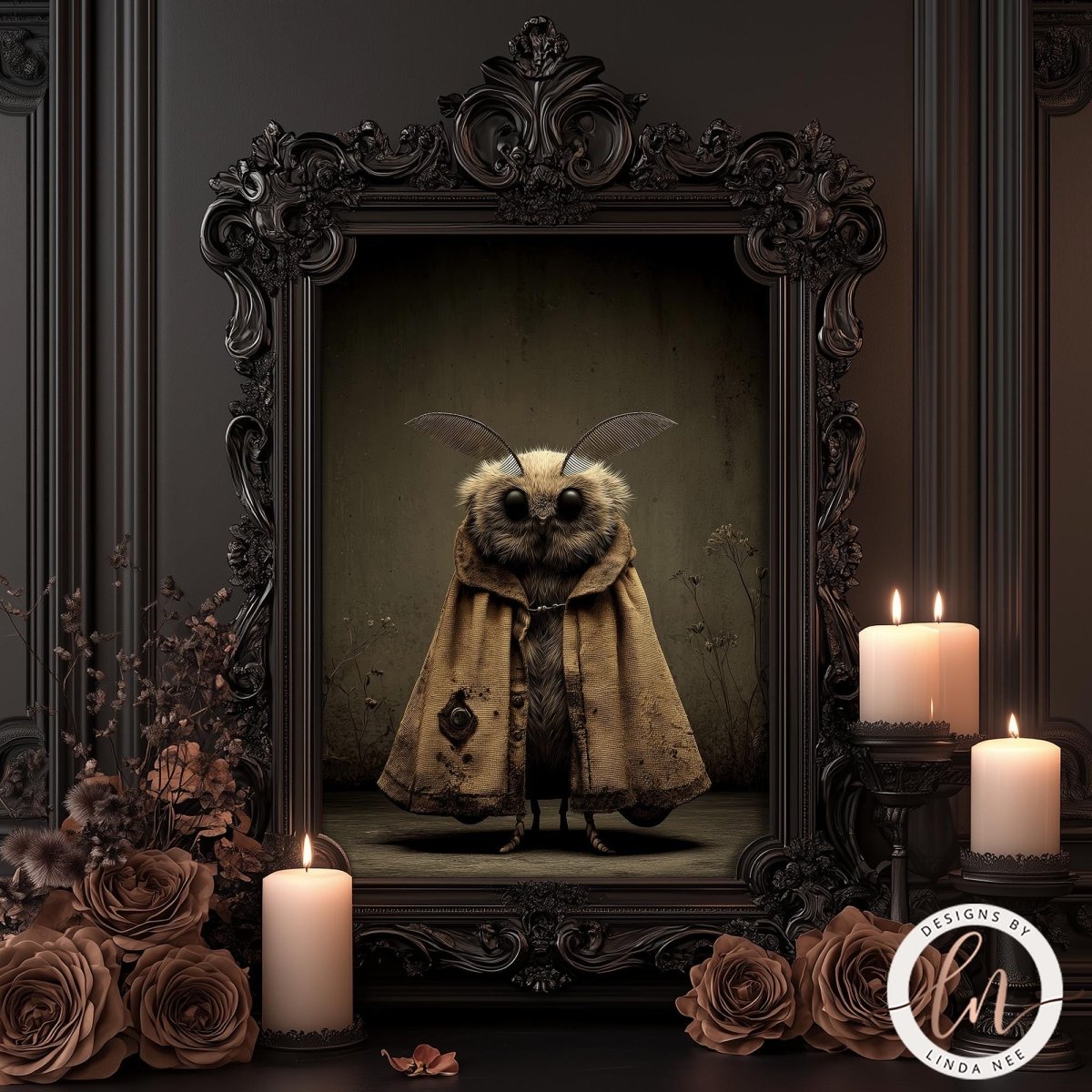 a dark, ornate frame with a painting of a moth-like creature inside it. Surrounding the frame are lit candles and floral arrangements, creating a mysterious and atmospheric ambiance.