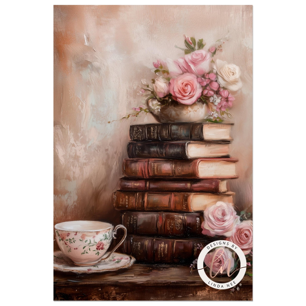 A stack of old books with a vase of pink roses on top, accompanied by a teacup on a wooden surface.
