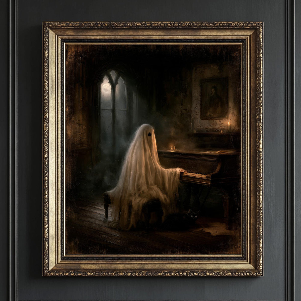Ghost playing an antique piano in a dim manor room with a faded portrait behind