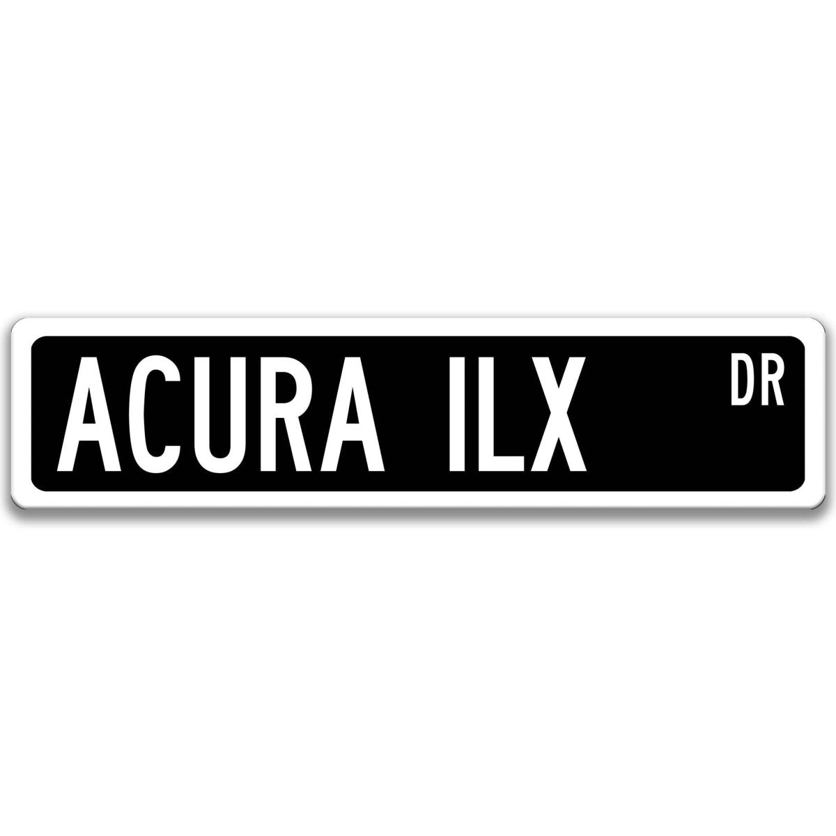 Black Acura ILX DR aluminum street sign with white lettering