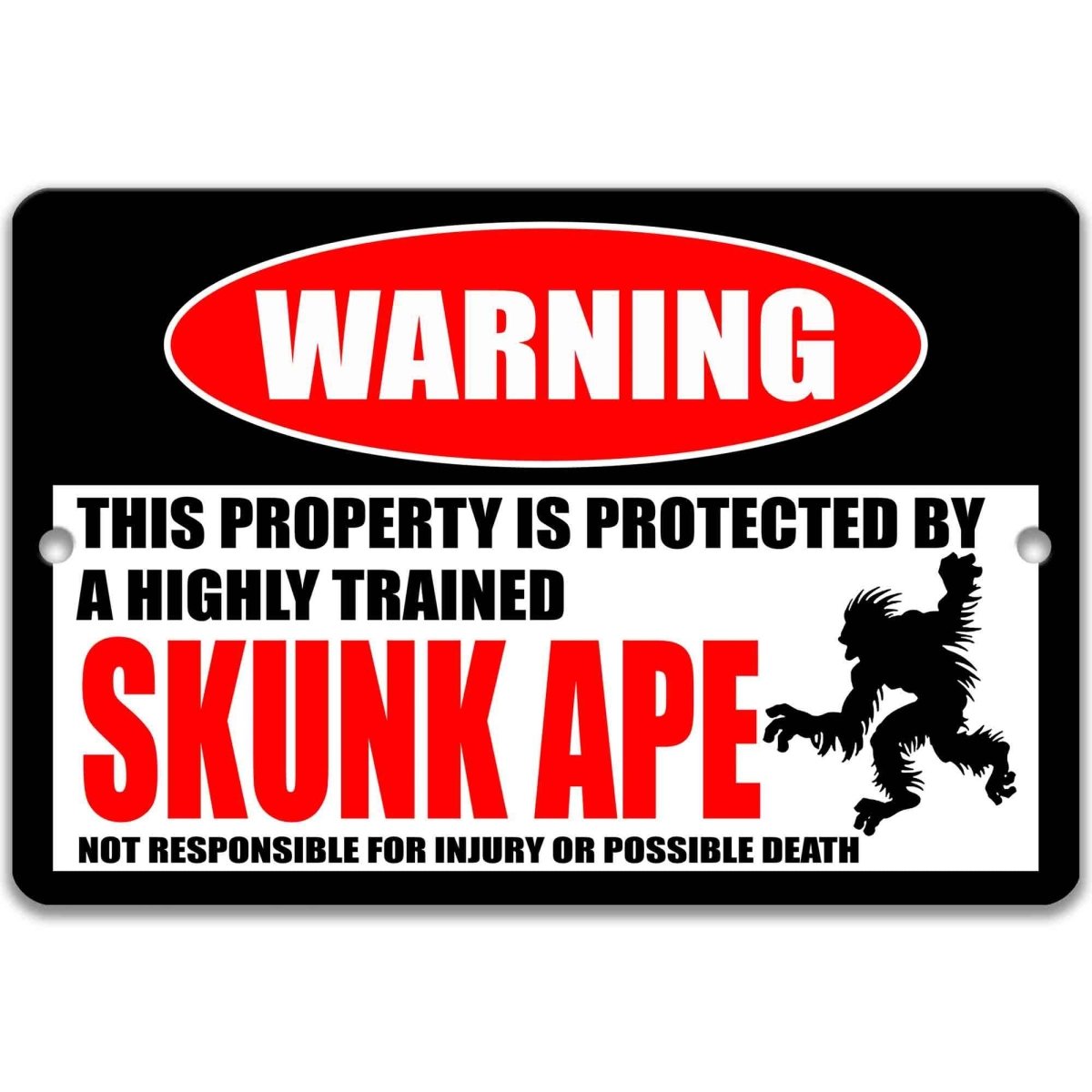 Skunk Ape warning metal sign, glossy black, red WARNING oval and Florida Skunk Ape silhouette