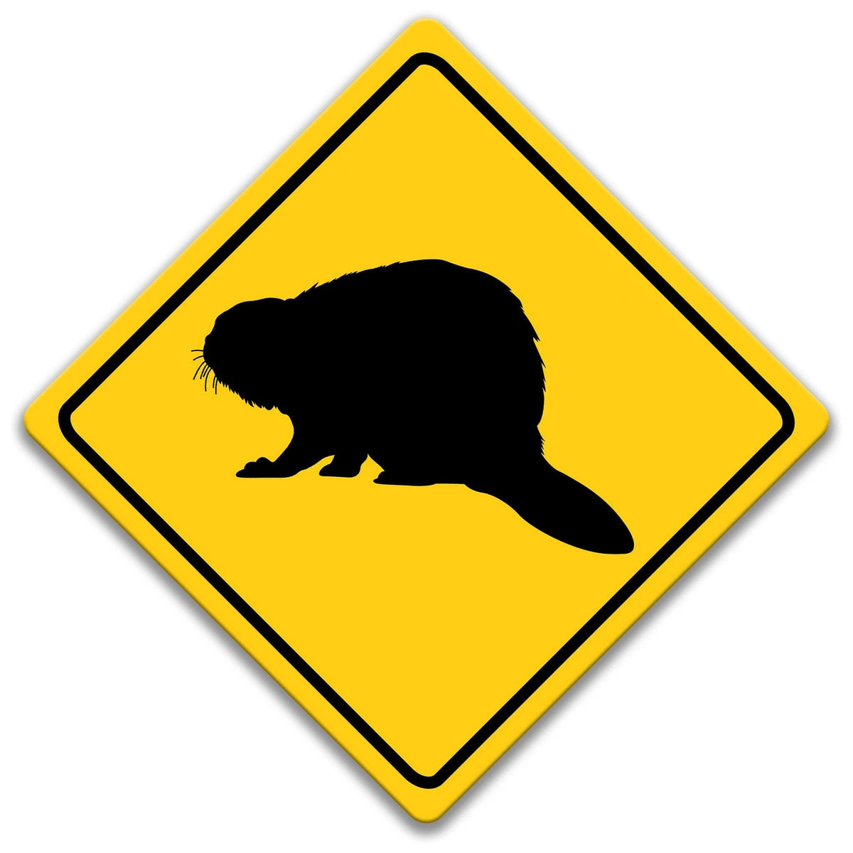 A yellow diamond-shaped road sign with a black silhouette of a beaver or similar animal.