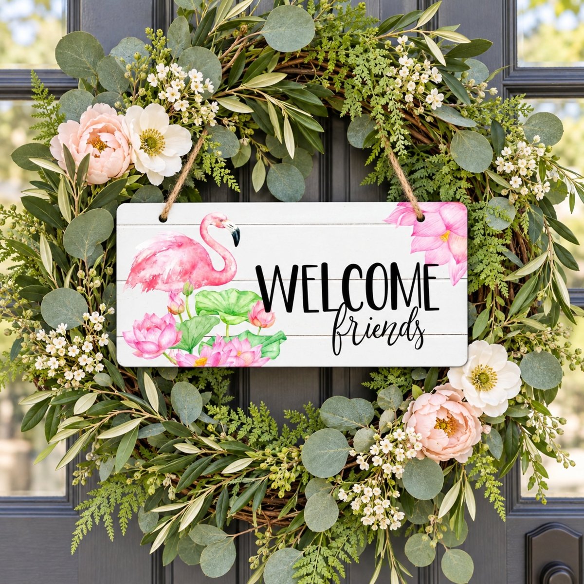 Welcome Friends Flamingo sign centered in a door wreath
