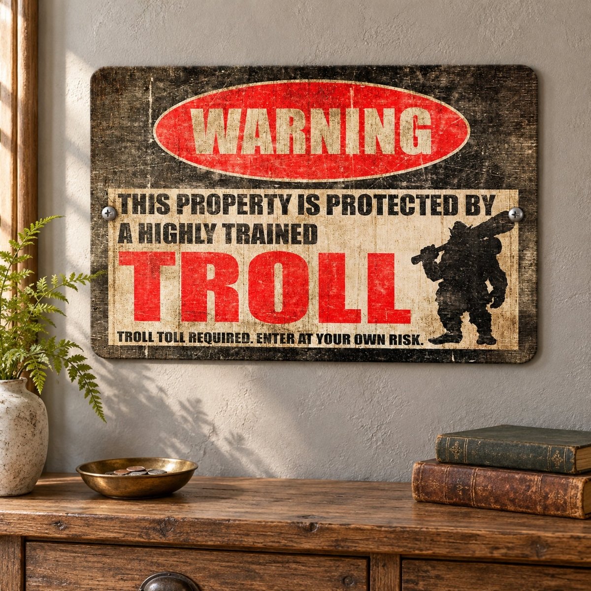 a vintage-style sign that warns "This property is protected by a highly trained troll" and includes a silhouette of a troll figure.