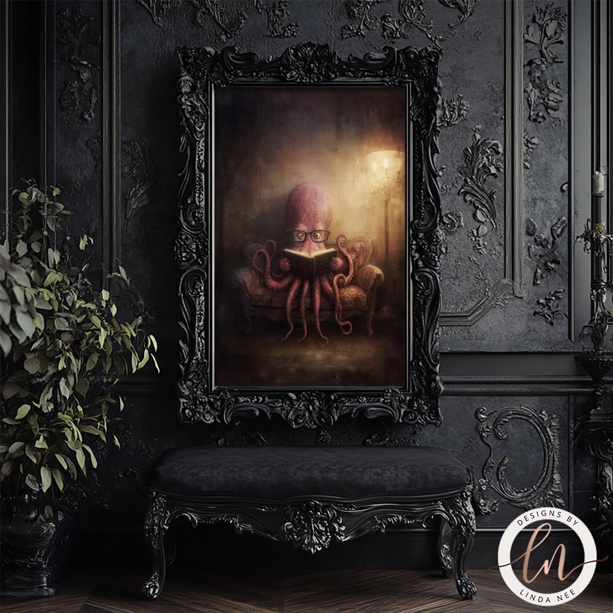 an octopus sitting on a chair, reading a book, and is framed in an ornate black frame.
