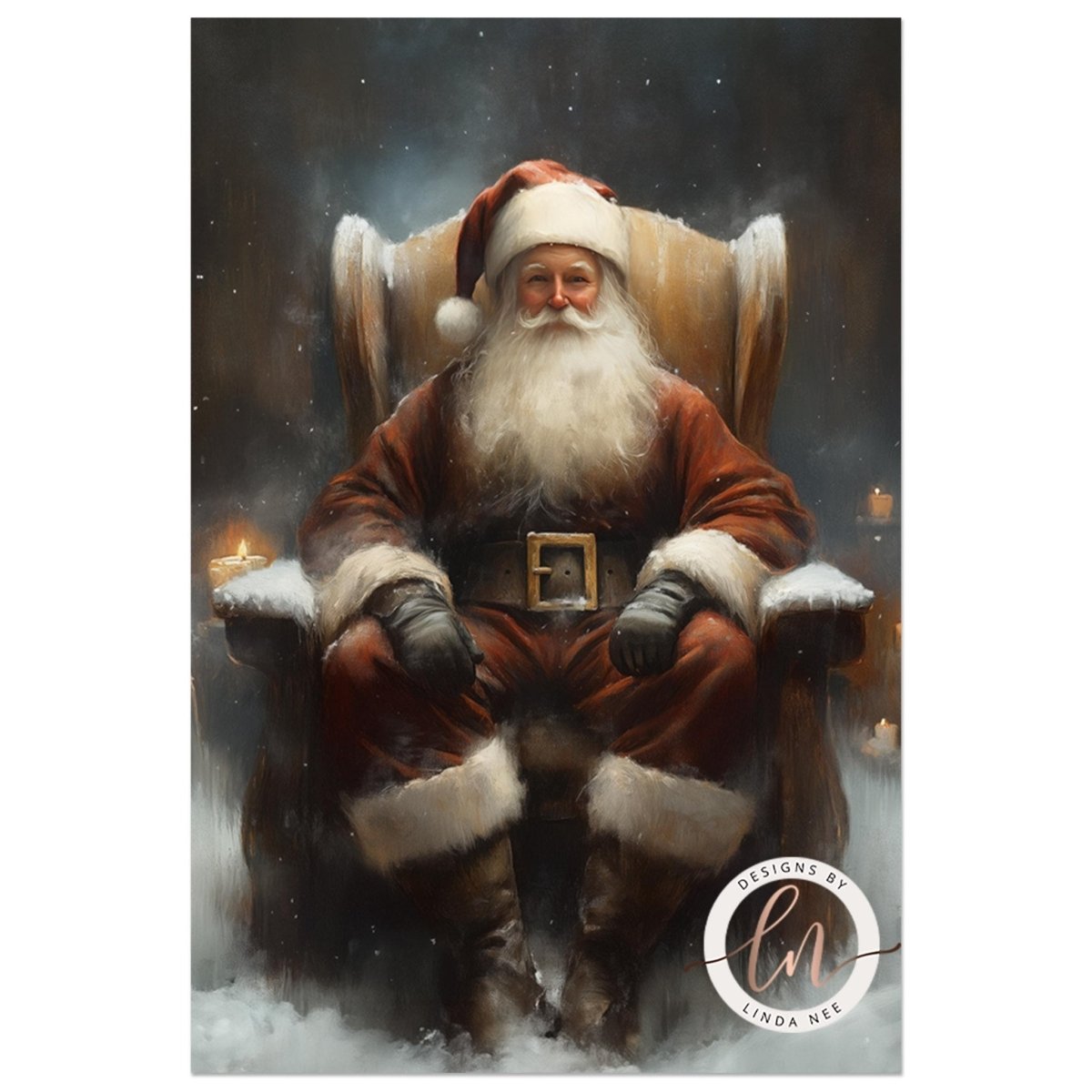Father Christmas seated in an armchair in a red suit and hat against falling snow