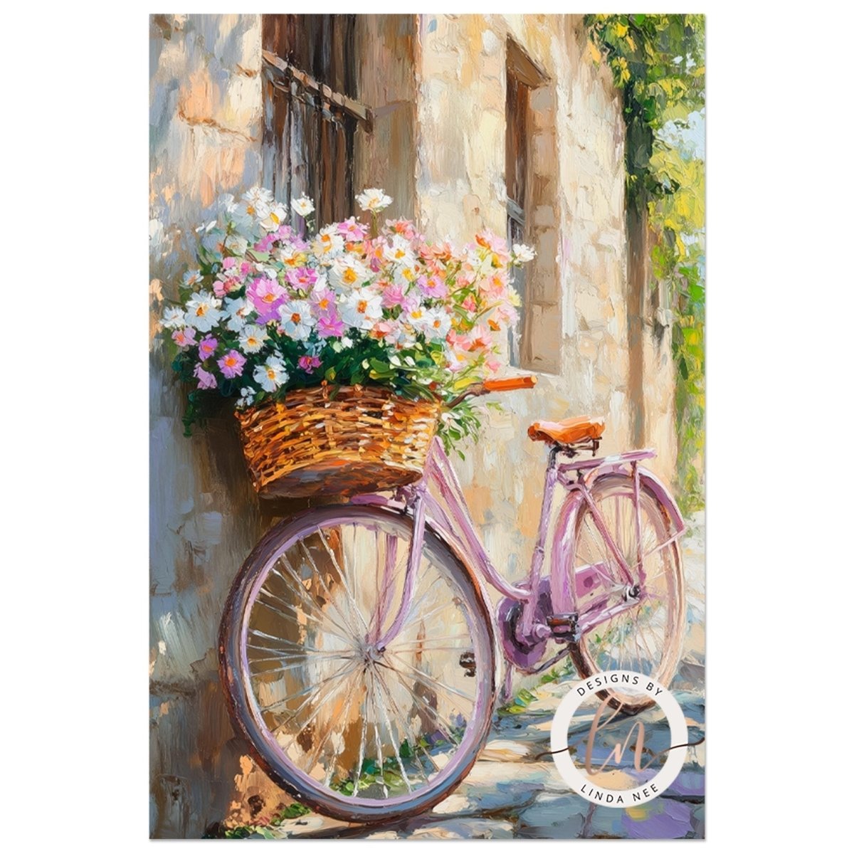 A pink bicycle with a basket filled with colorful flowers is parked against a stone wall, with a window and greenery visible in the background.