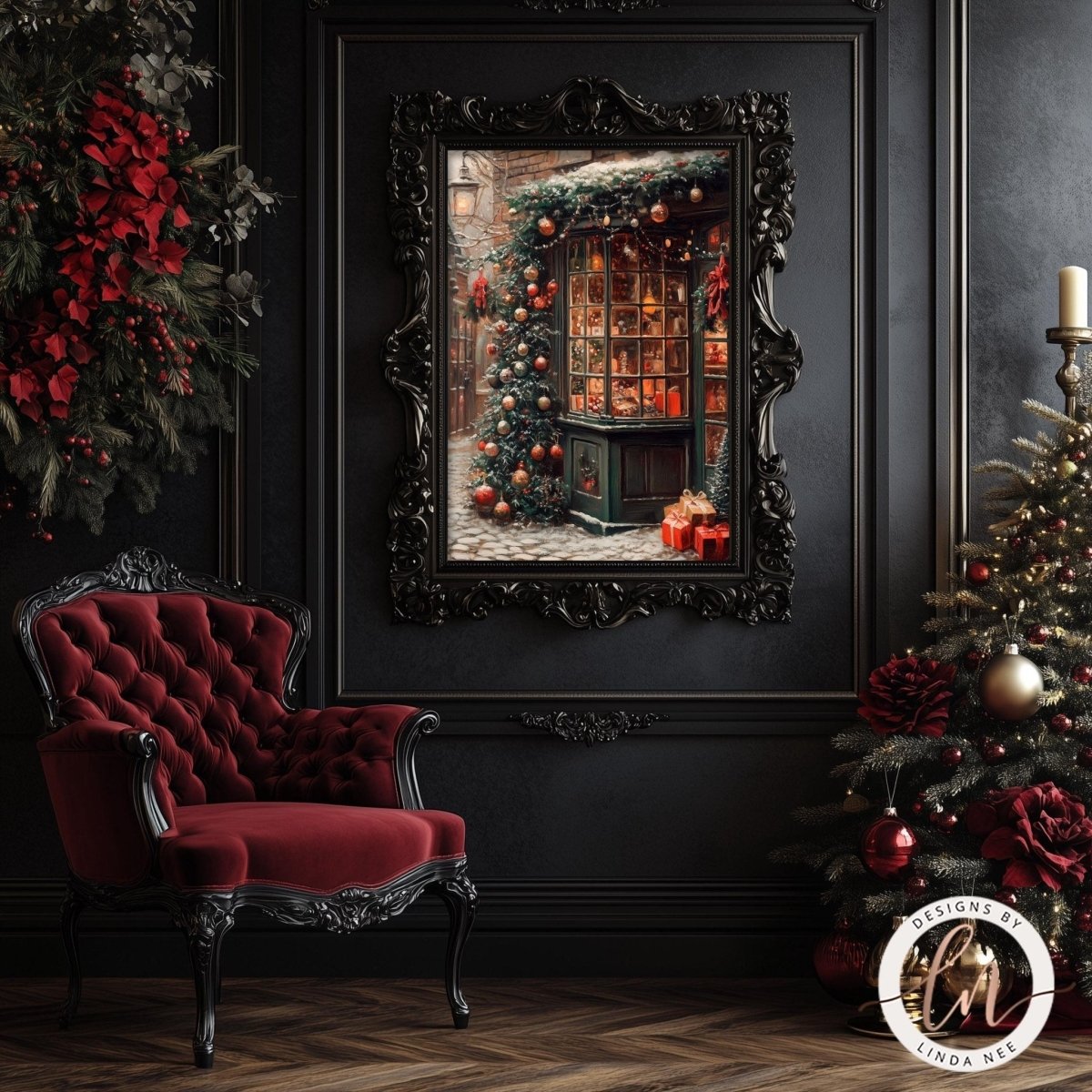 Christmas storefront wall art displayed with a red velvet armchair