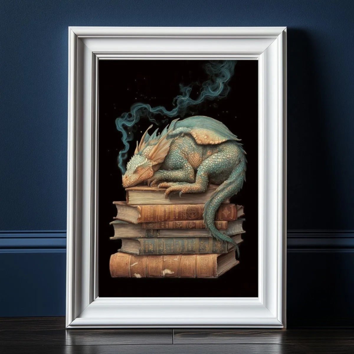 A framed illustration depicting a large, colorful dragon resting on a stack of books, with smoke billowing from its mouth.