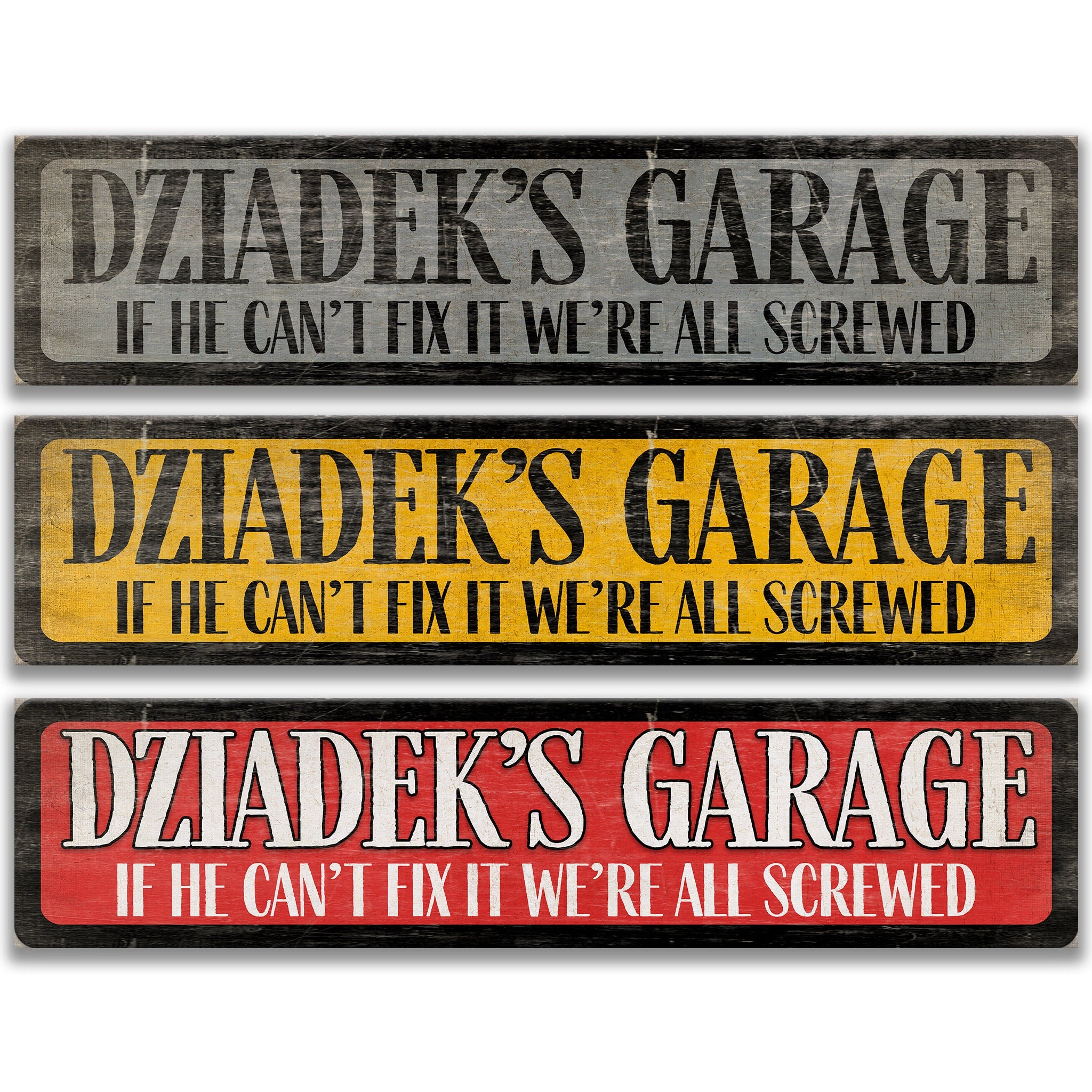 three signs with humorous text, likely intended to be humorous or entertaining.