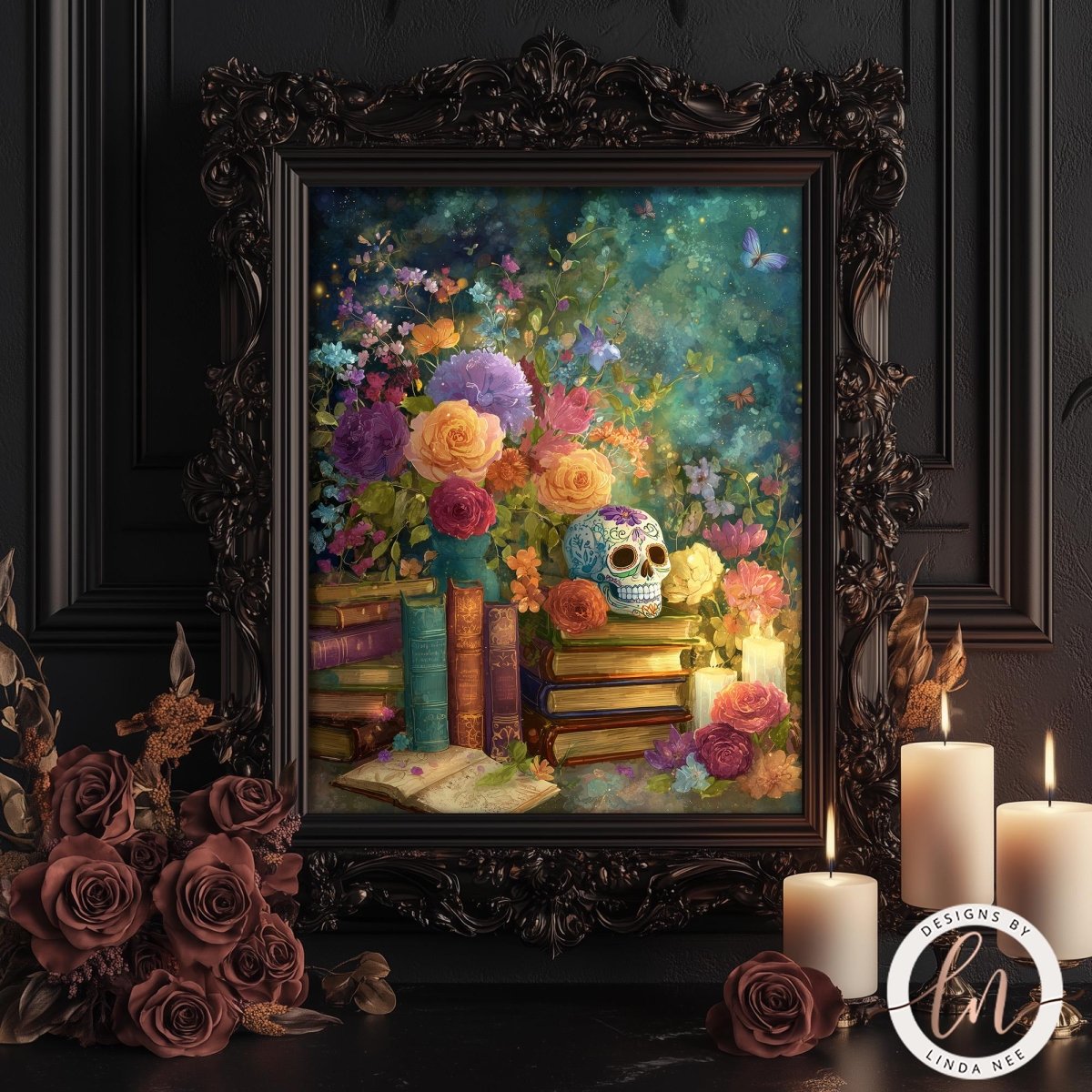 a framed painting of a skull surrounded by a vibrant array of flowers, books, and candles, creating a whimsical and enchanting scene.
