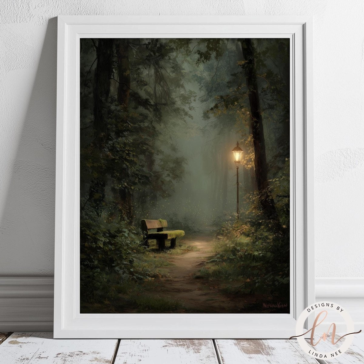 A serene forest scene with a bench in the distance, illuminated by a lantern, surrounded by lush greenery and a misty atmosphere.