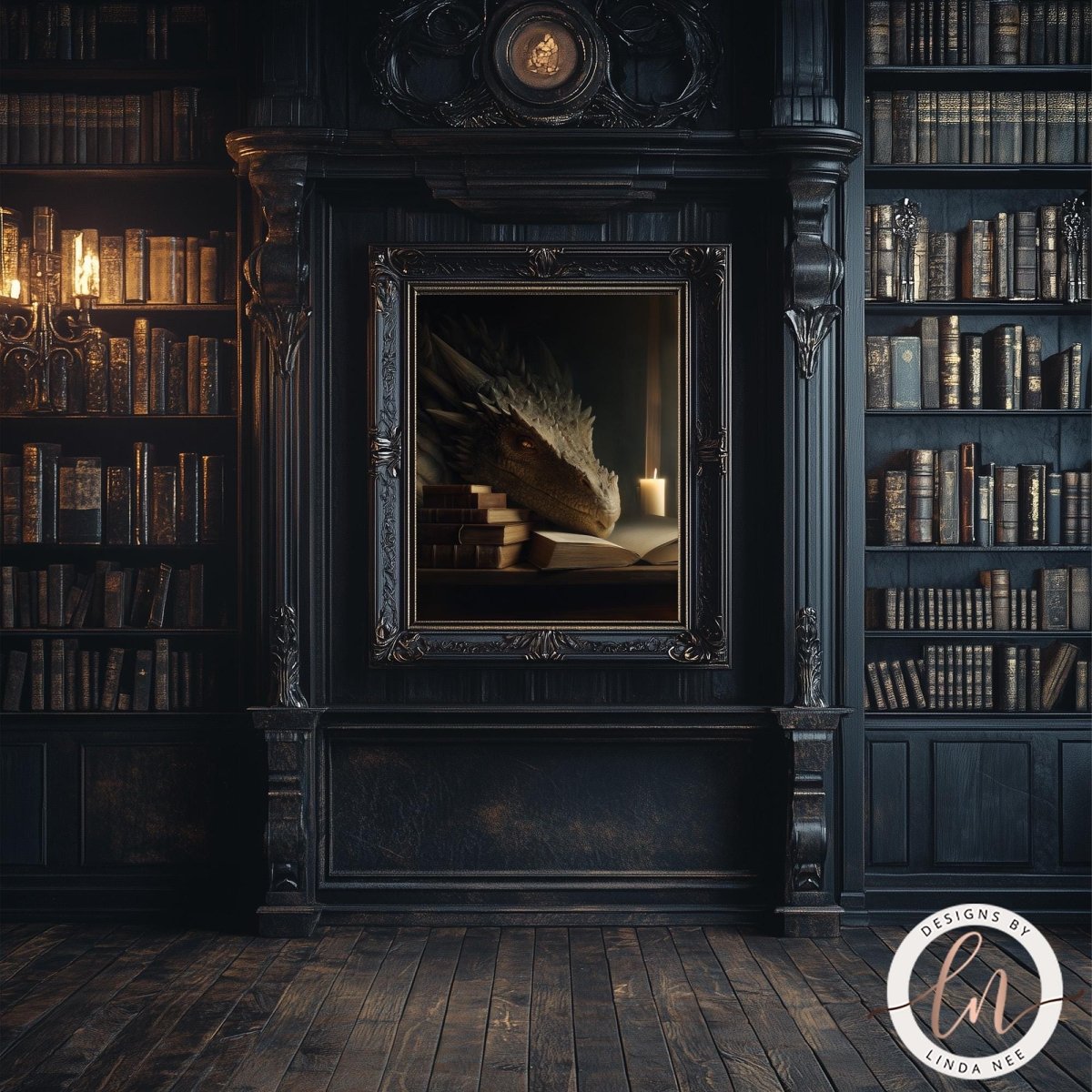 a dark, ornate room with a large bookshelf filled with books, a framed painting of a dragon, and a chandelier hanging from the ceiling.