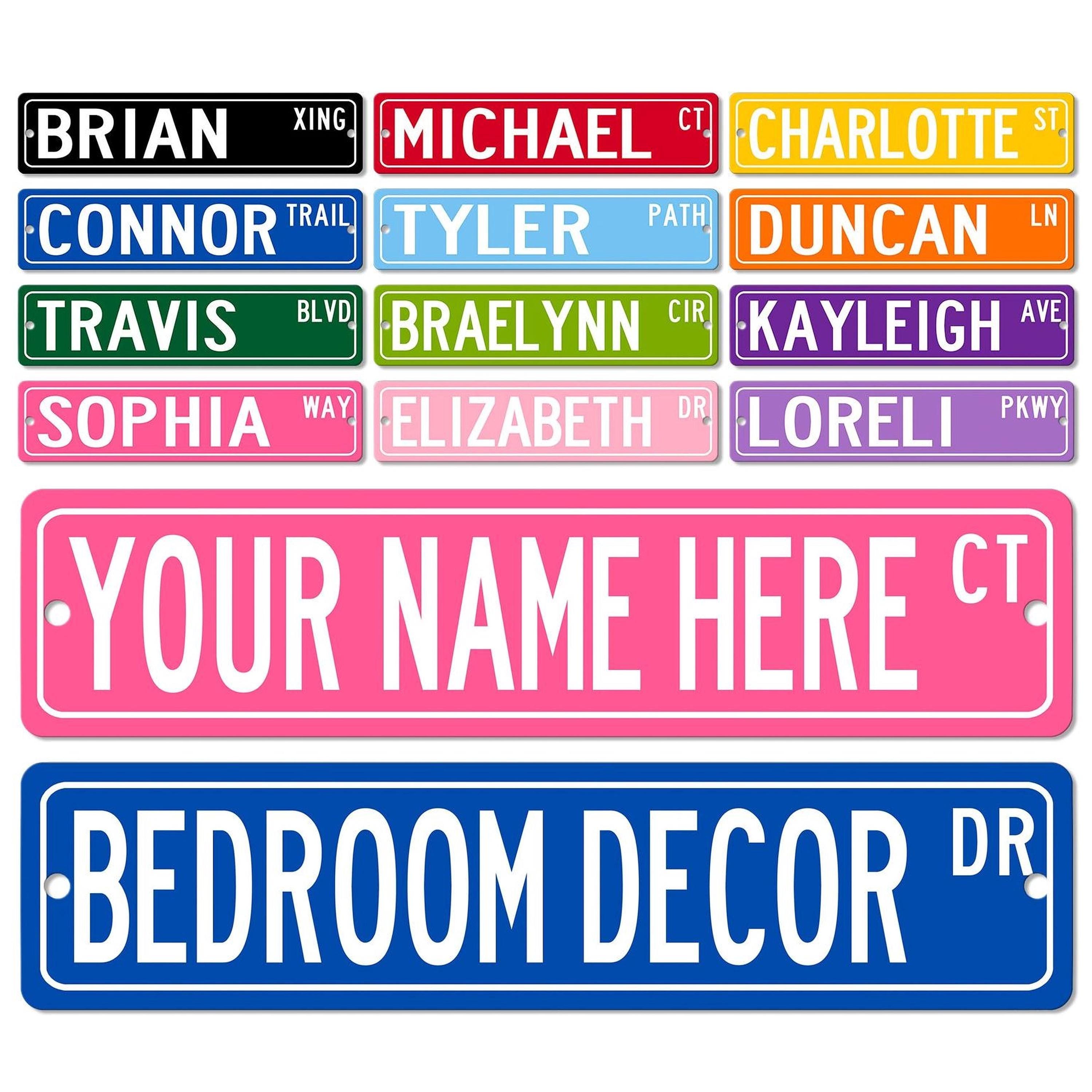 a collection of personalized street name signs, each featuring a different name and location. The signs are arranged in a grid-like pattern, with each sign displaying a different name and color. The signs are intended for use as bedroom decor or personalized street signs, with the names and locations representing the names and addresses of individuals.