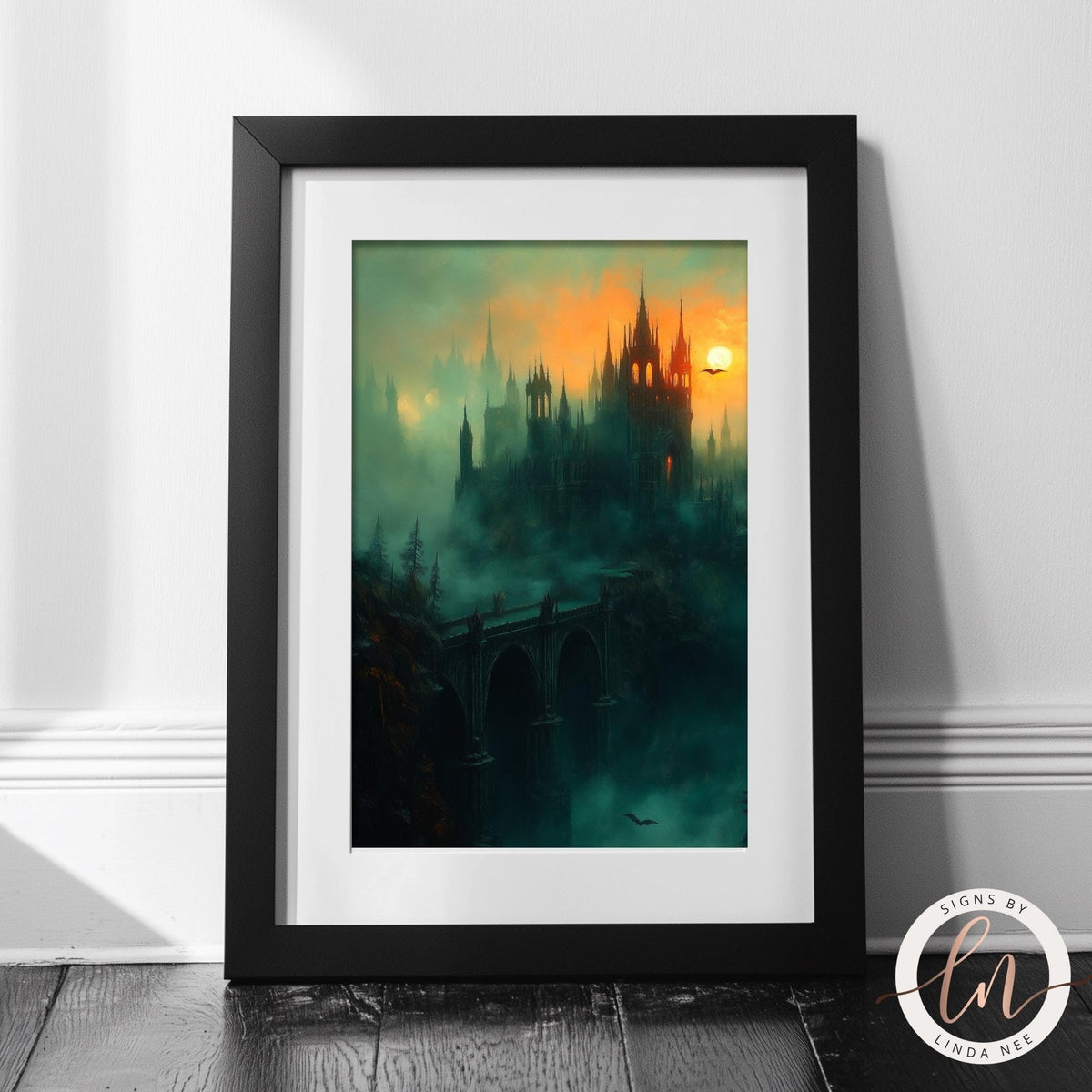 The image is a framed artwork depicting a fantasy castle scene with a misty, atmospheric background and a glowing moon.