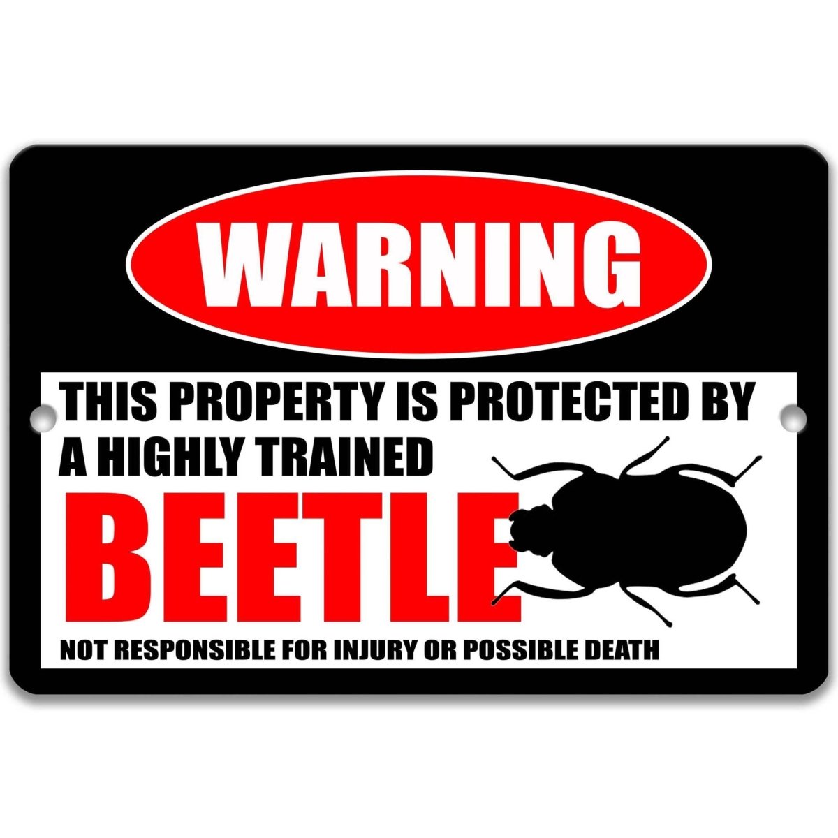 Beetle warning metal sign, glossy black, red WARNING oval and beetle silhouette