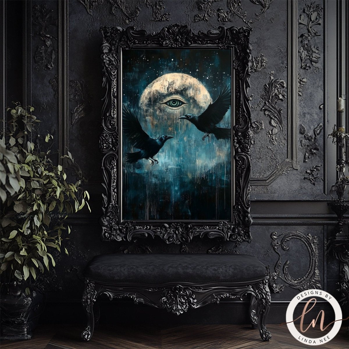 Two ravens and a crescent moon artwork against a floral patterned wall