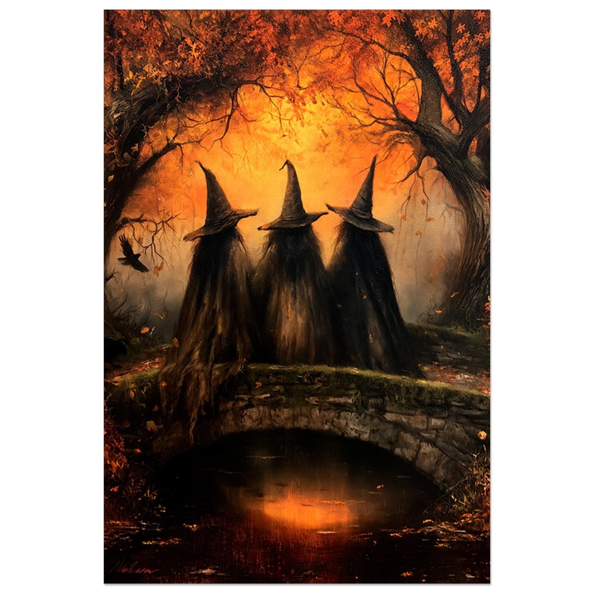 Three witches in black hats on a stone bridge over water with a raven overhead