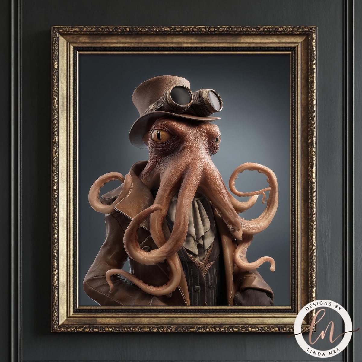 A framed image depicting an octopus wearing a top hat and goggles, with long tentacles extending from its body.