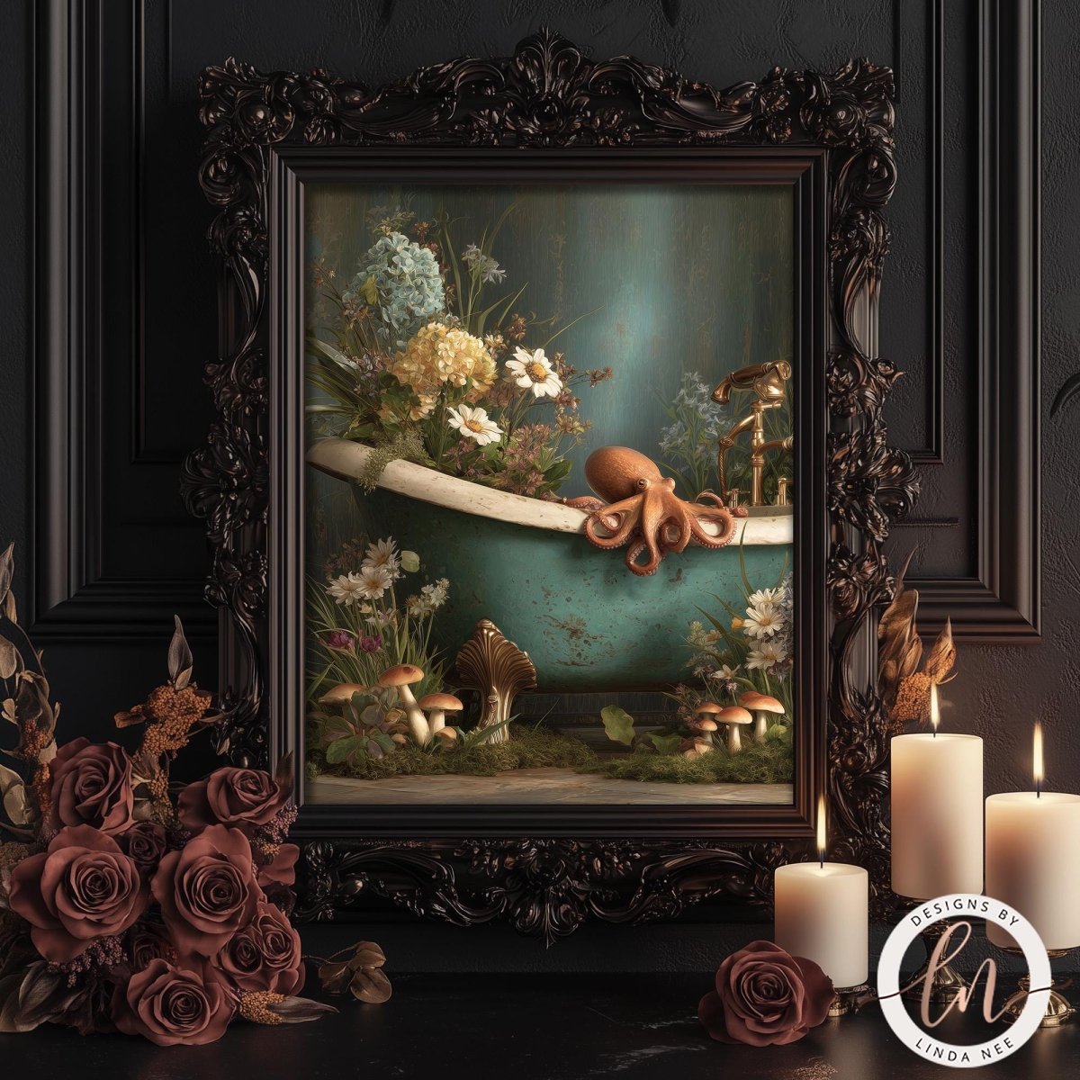 a framed painting of a bathtub filled with flowers and mushrooms, with an octopus resting on the edge of the tub. The painting is displayed on a dark wooden frame, and there are candles and roses in the foreground.