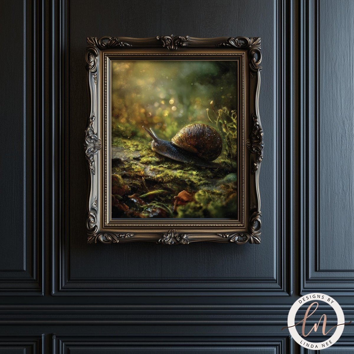 A snail rests on a mossy rock in a framed painting, set against a dark background.
